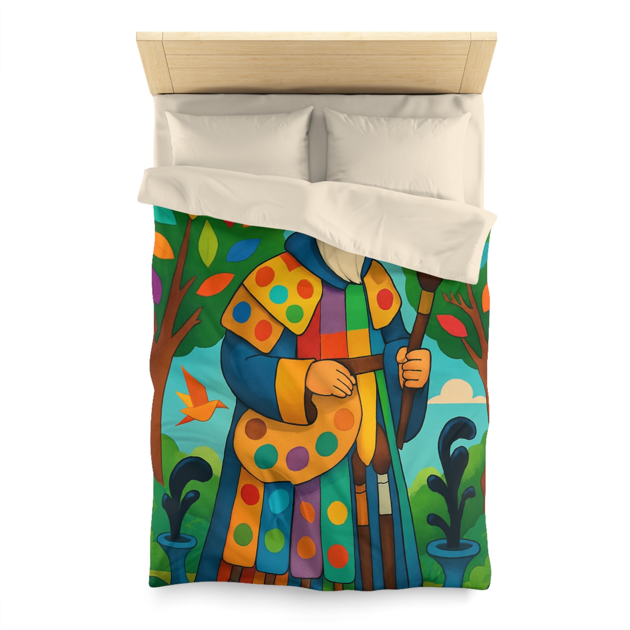 Housse de couette multicolore avec roi et oiseaux dans un jardin enchanteur