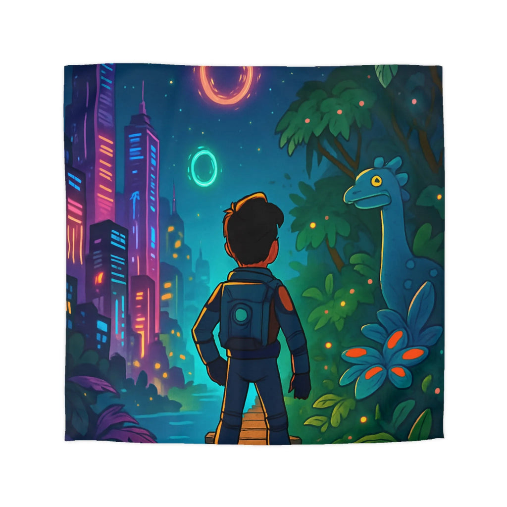 Housse de couette aventure futuriste avec paysage de ville et créature magique