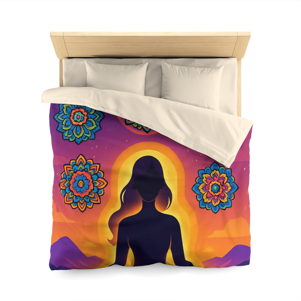 Paisible méditation silhouettée avec mandalas colorés et paysage crépusculaire serein et enchanteur