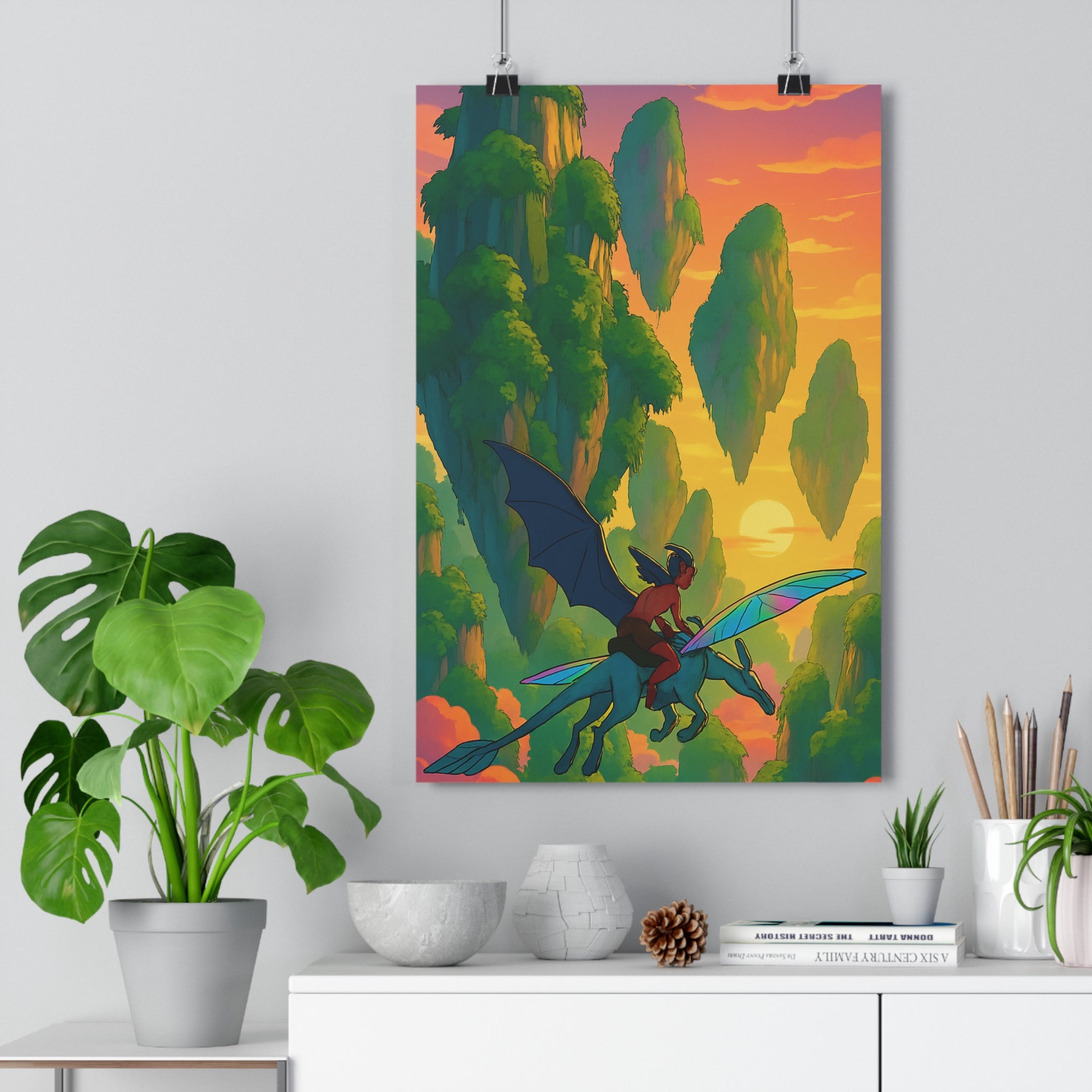 Poster décoratif dessin animé vert orange fantastique aventure magique chambre salon paysage créature ailes