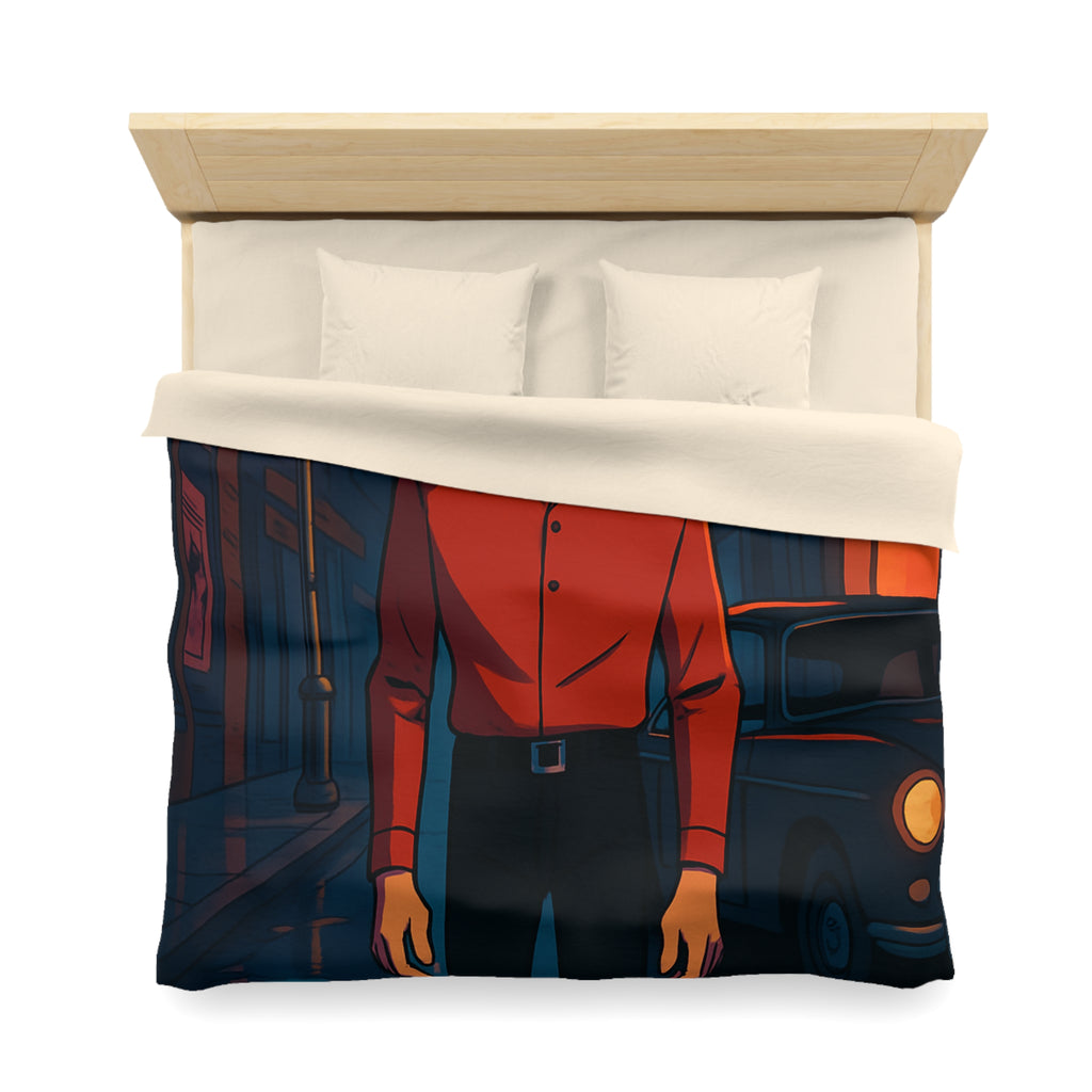 Housse de couette urbaine nocturne avec homme mystérieux et néons colorés