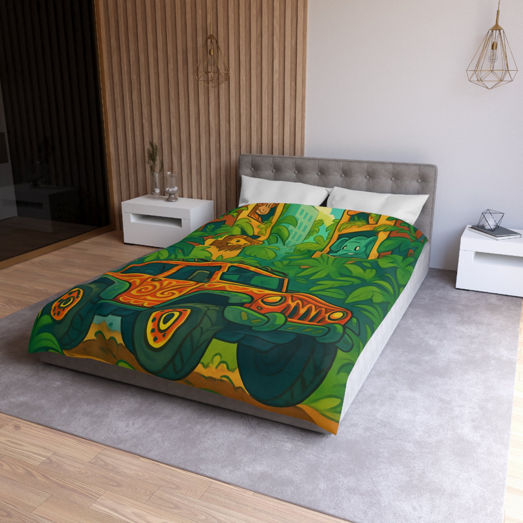 Housse de couette vibrante jungle aventure avec animaux et véhicule tout-terrain colorés