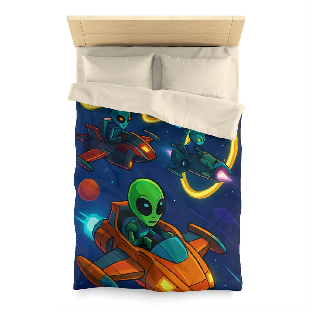 Housse de Couette avec Motifs d'Aliens en Course Spatiale et Anneaux Lumineux