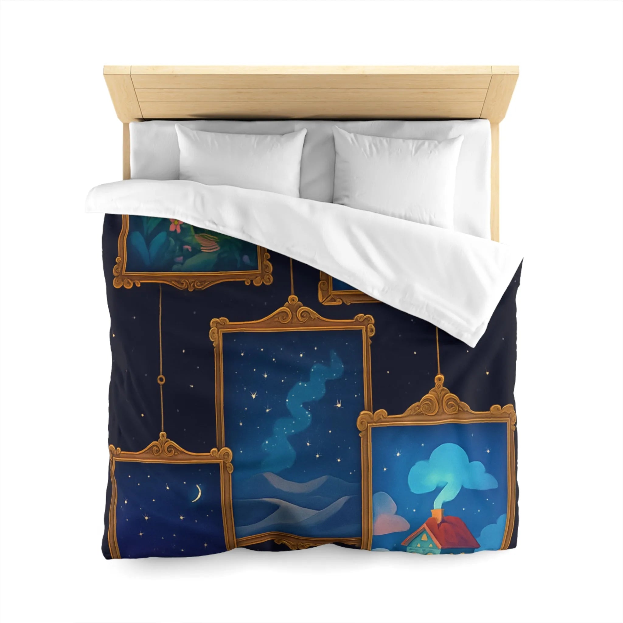 Housse de Couette Artistique avec Paysages de Nuit Étoilée et Fleuri Onirique