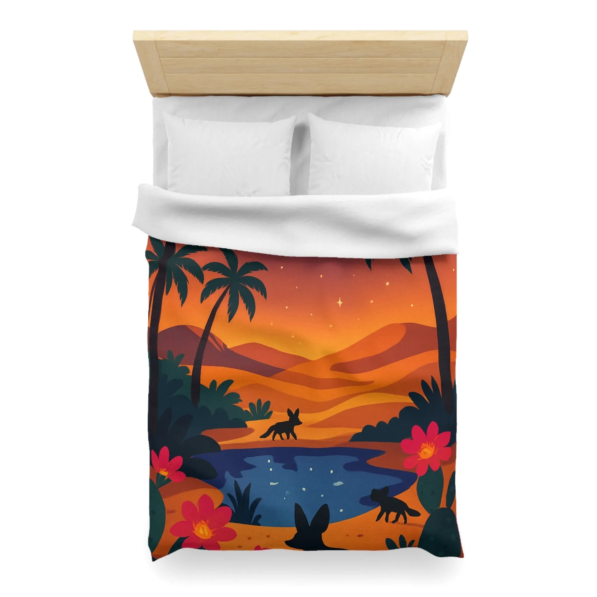 Housse de couette exotique avec paysage désertique et palmiers sous ciel étoilé
