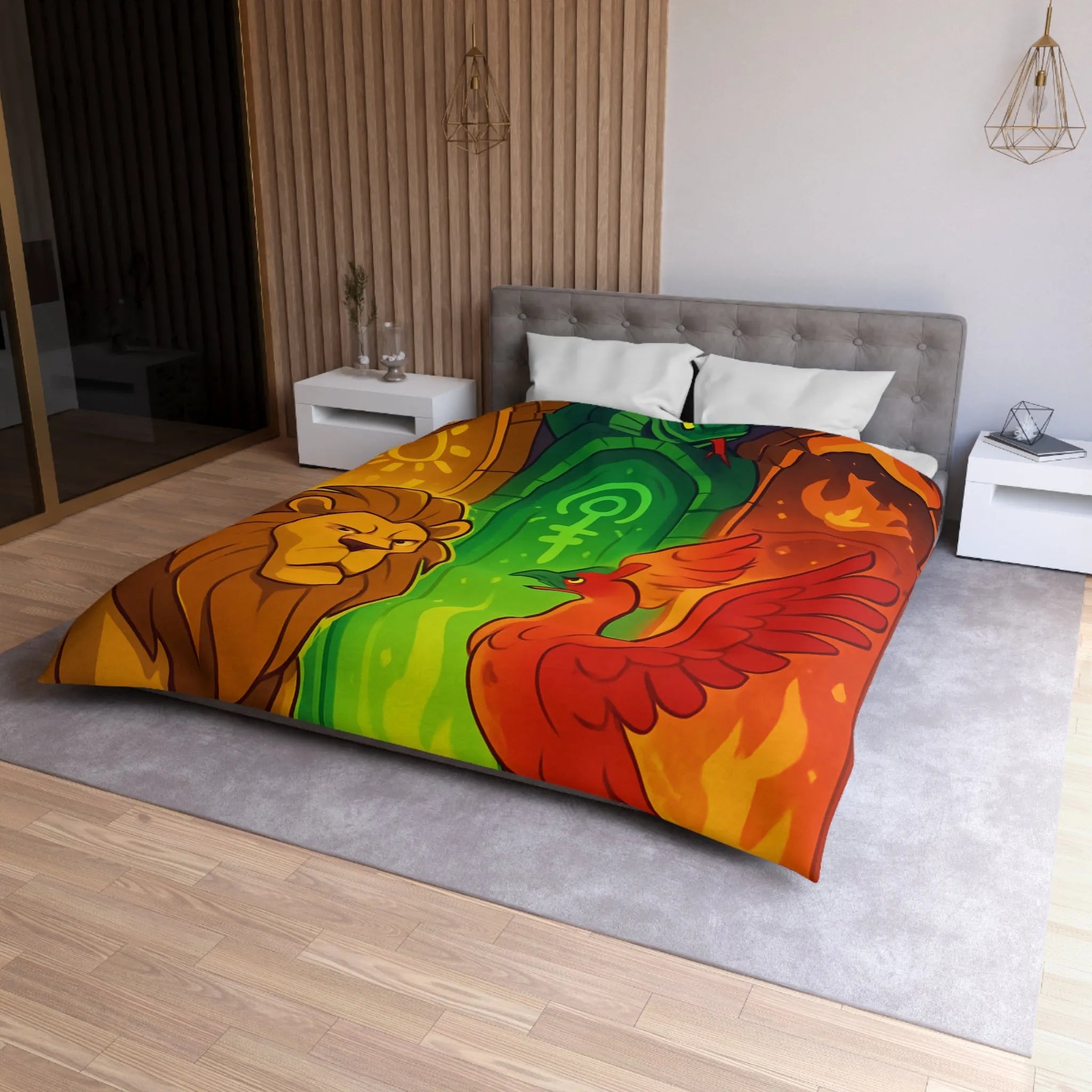 Housse de couette avec motifs lion, serpent et phénix sur fond médiéval magique