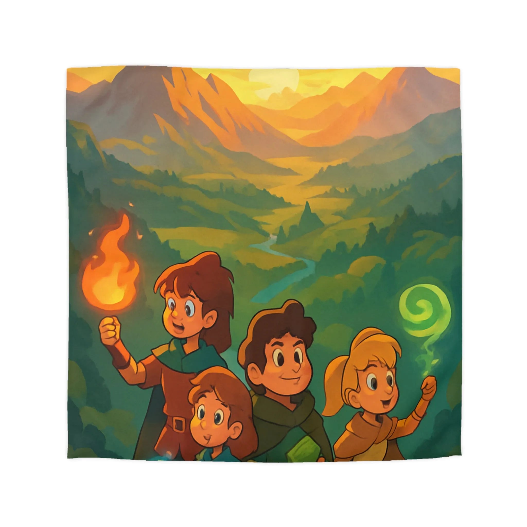 Housse de couette enfants aventure magique montagne nature coucher de soleil fantastique coloré