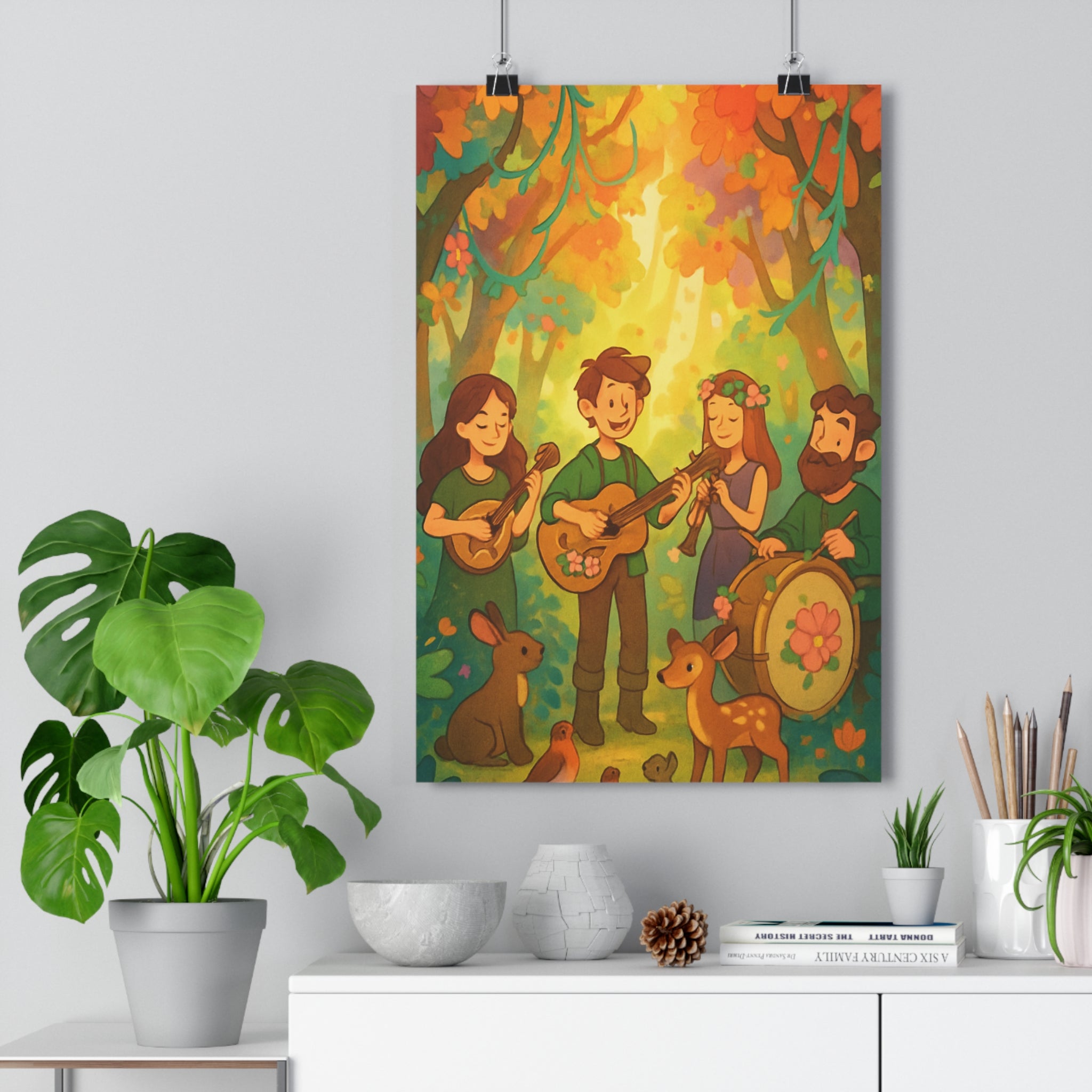 Poster décoratif cartoon forêt verte orange jaune féérique chambre enfant joyeux nature original musique