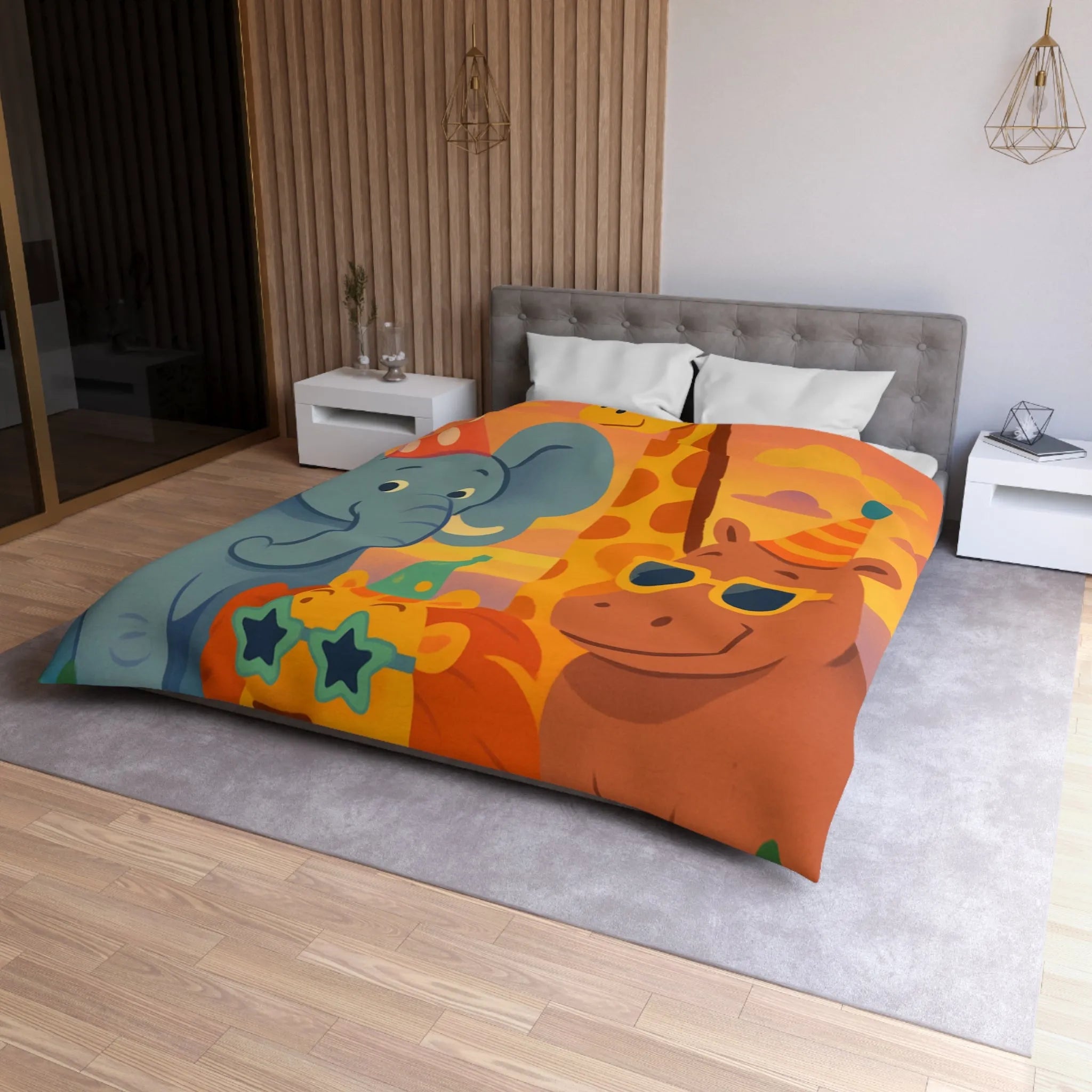 Housse de couette enfantine avec animaux de safari festifs et chapeaux colorés en fête