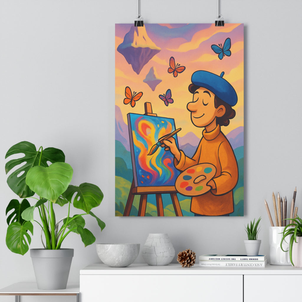 Poster décoratif surréaliste bleu orange violet salon créatif apaisant rêveur artistique papillons montagne 30x46
