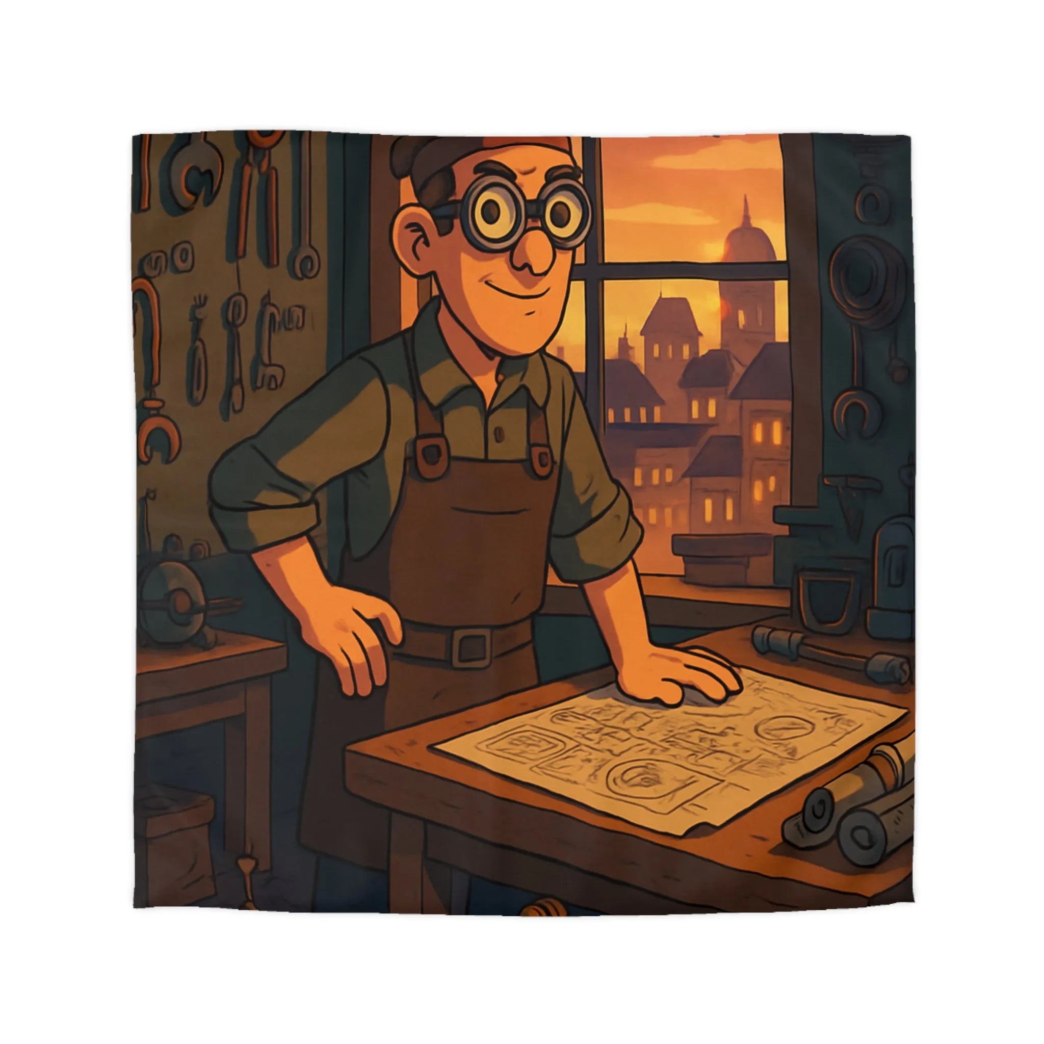 Housse de couette enfant avec illustration atelier rétro et robots amusants pour inventeur