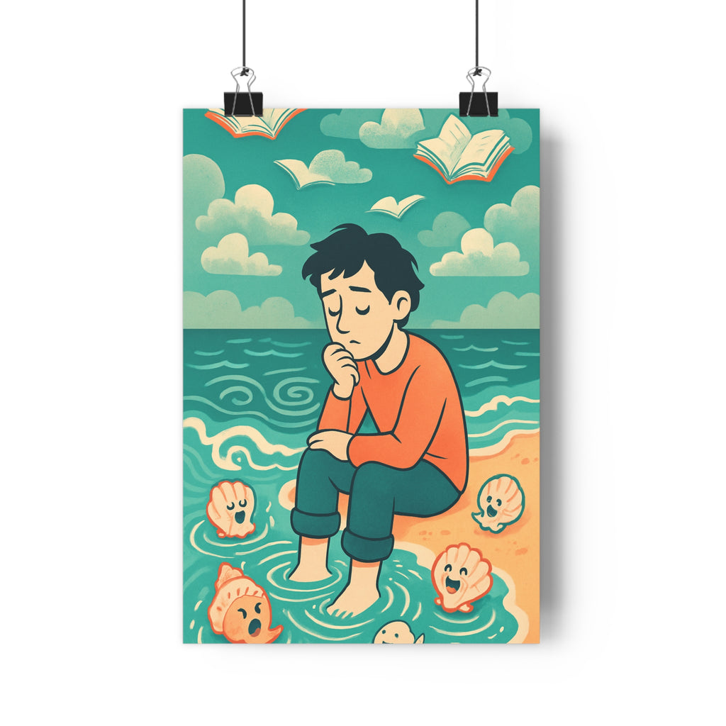 Poster décoratif cartoon marin bleu orange rêveur chambre salon réflexion fantaisie apaisant unique qualité