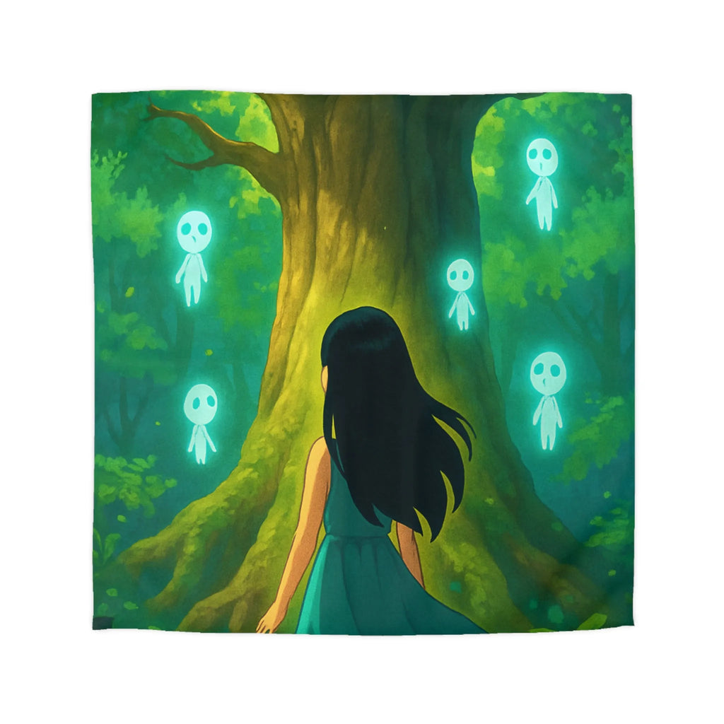 Housse de couette forêt mystique avec fille et esprits lumineux style onirique enchanteur