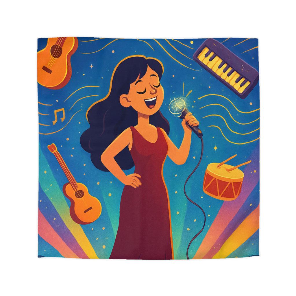 Housse de couette vibrante avec scène musicale, chanteuse et instruments illustrés colorés