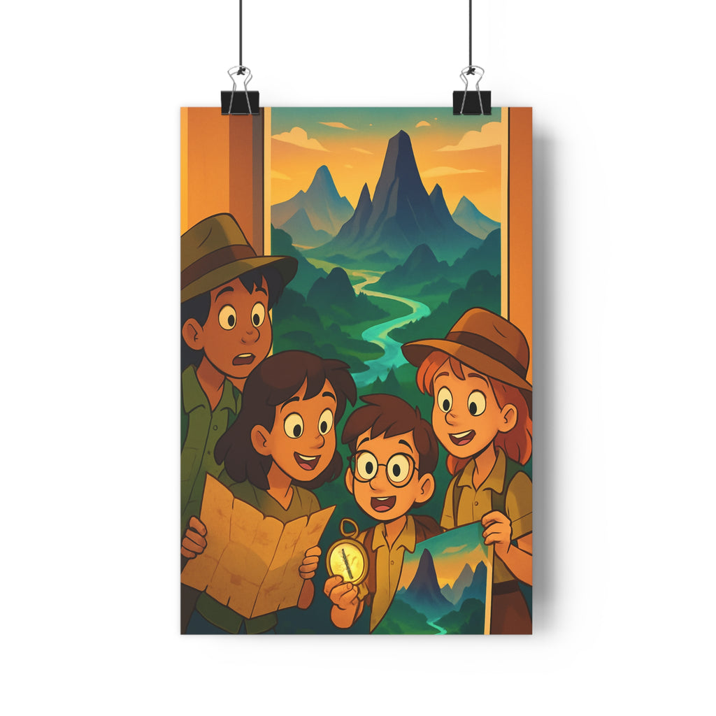 Poster décoratif cartoon aventuriers dynamique coloré joyeux enfant chambre exploration montagne paysage 30x46 cm