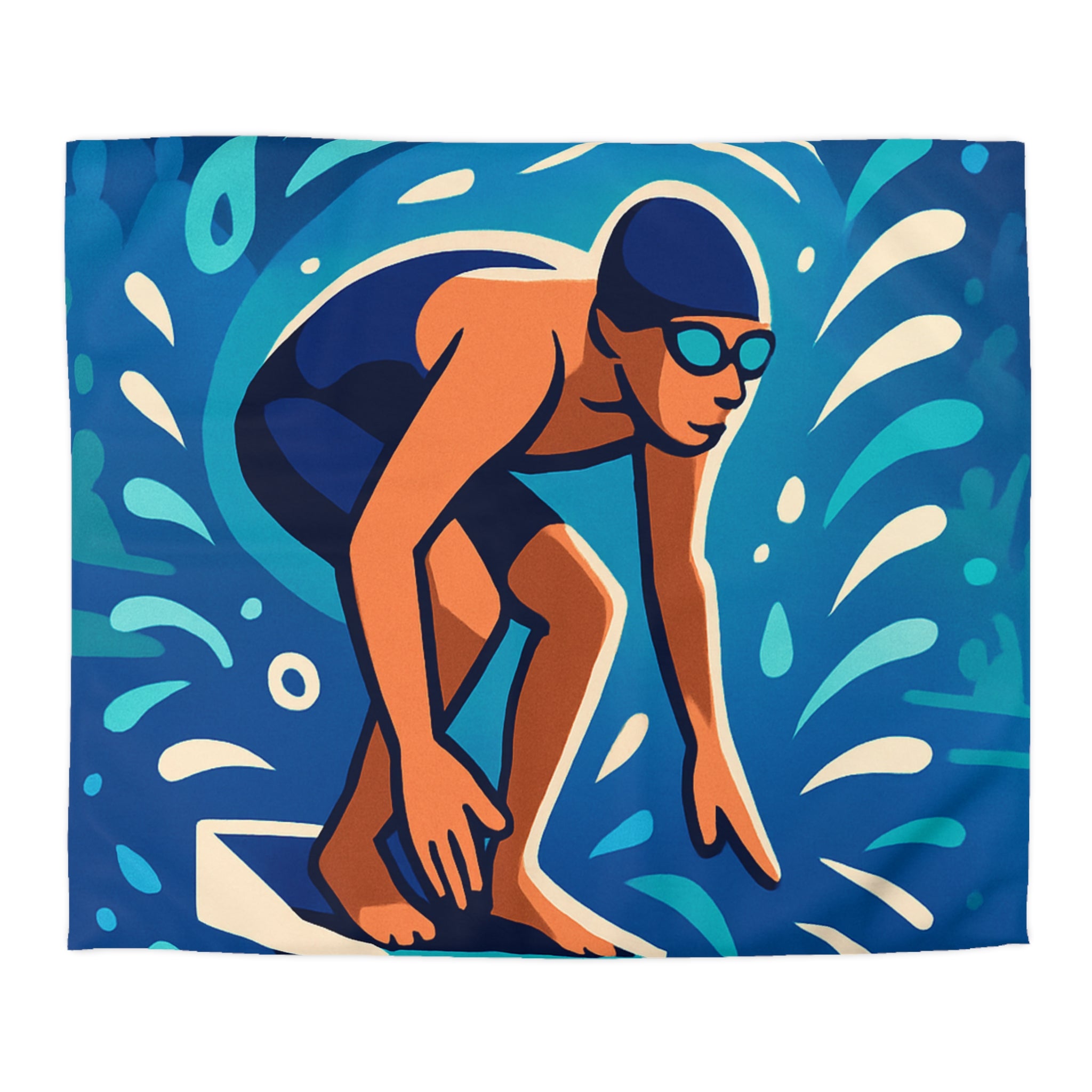 Housse de couette vibrante avec nageur prêt à plonger dans une piscine dynamique