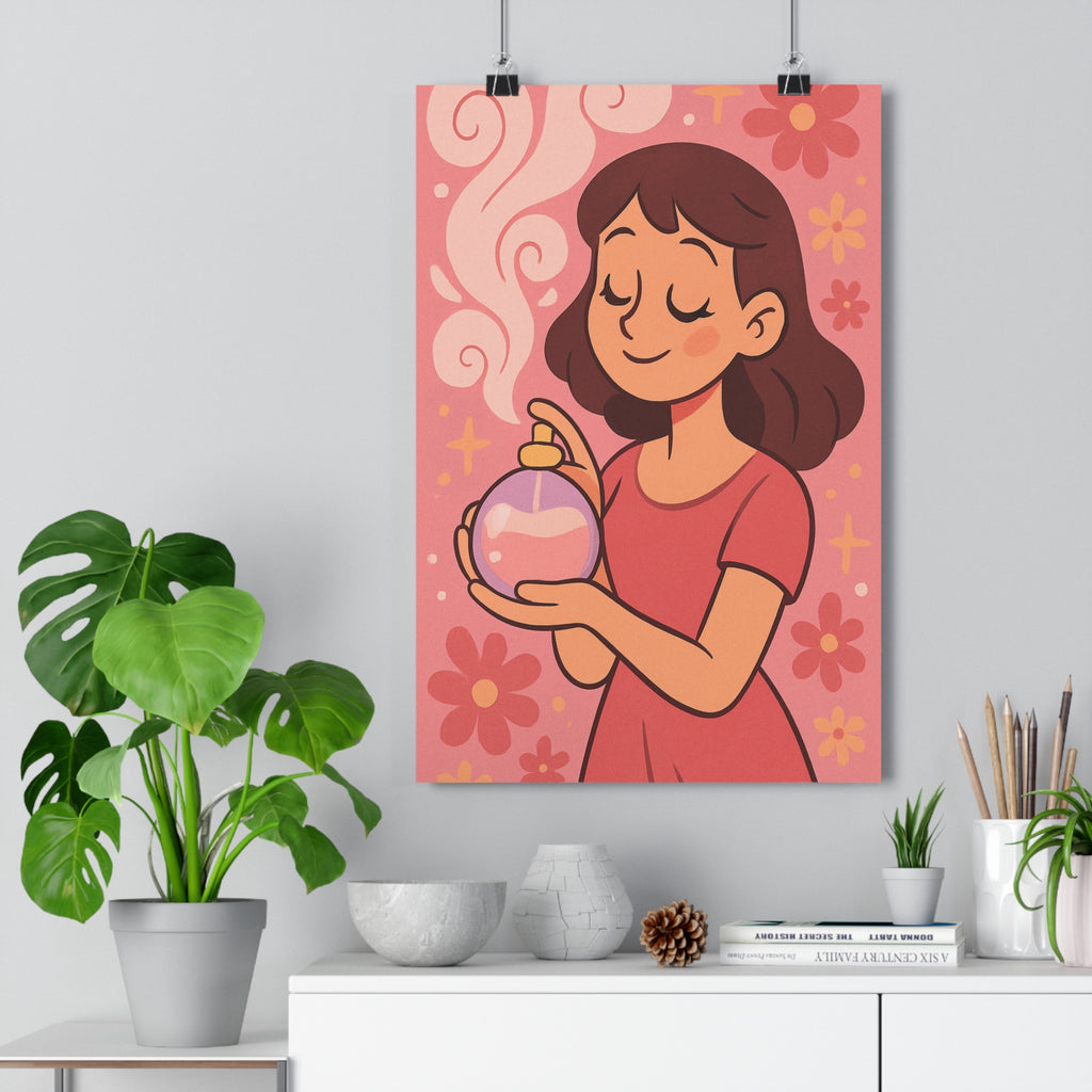 Poster décoratif féminin rose pêche cartoon chambre douceur élégance sérénité fleurs parfum chaleur rêveuse