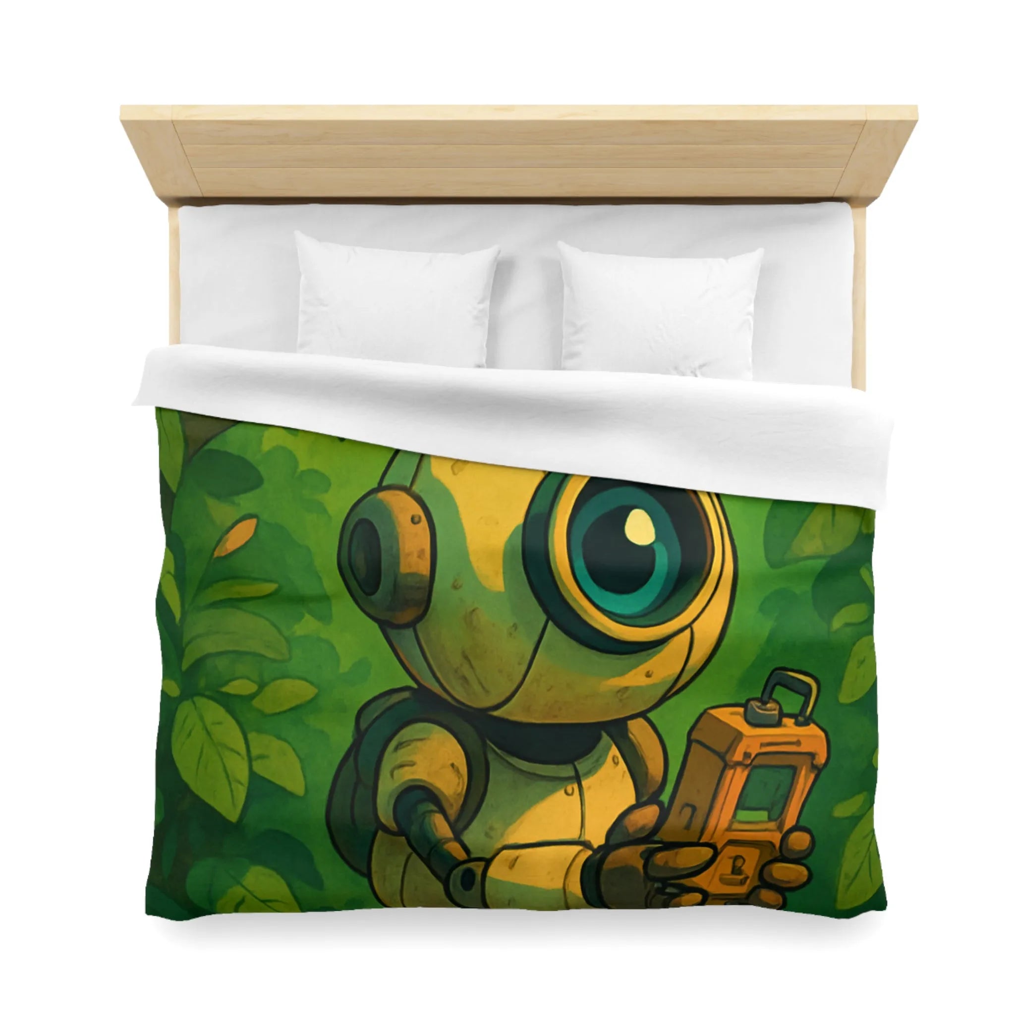 Housse de couette ludique avec robot curieux dans une forêt verdoyante et magique
