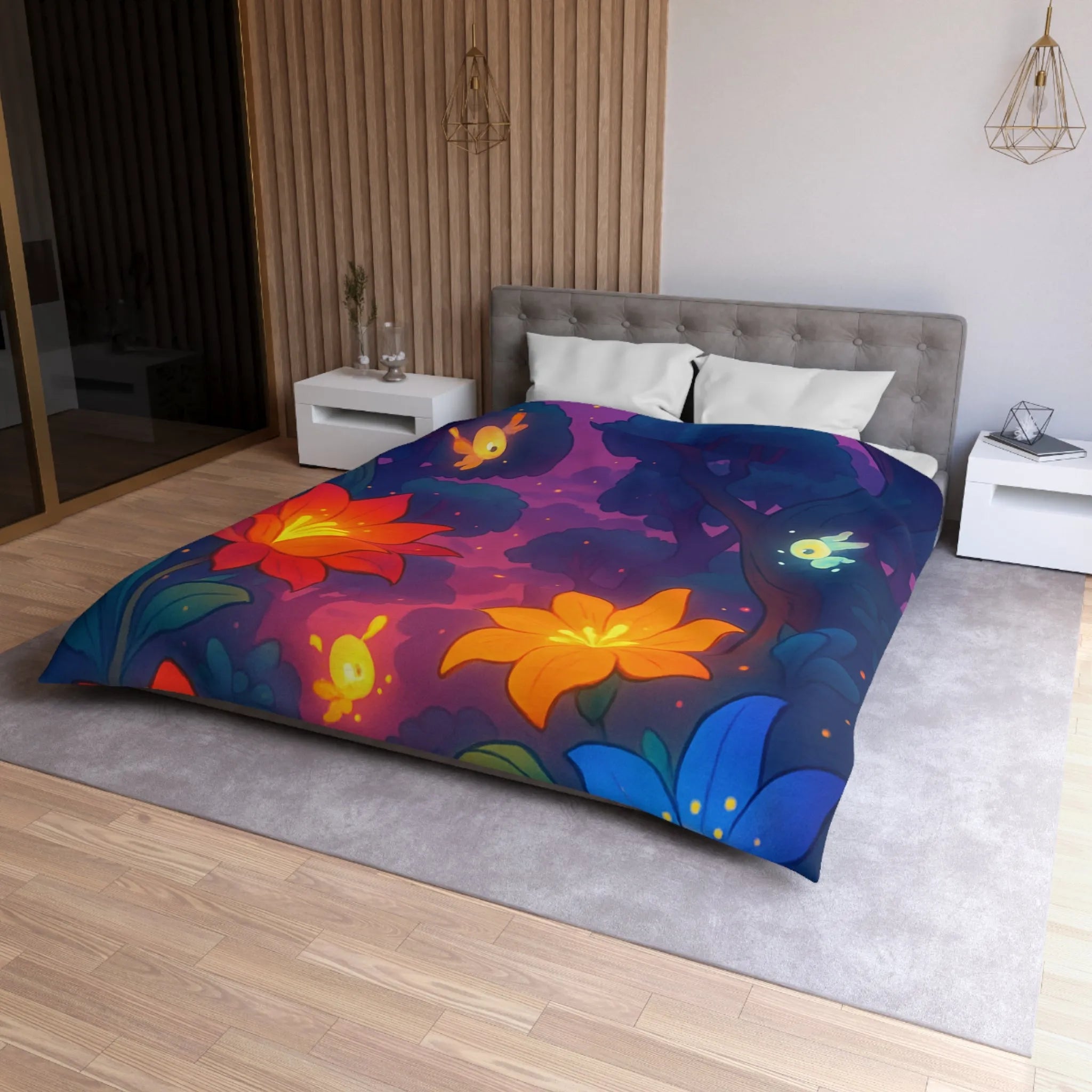 Housse de Couette avec Fleurs Lumineuses et Paysage Enchanté de Forêt Magique Nocturne