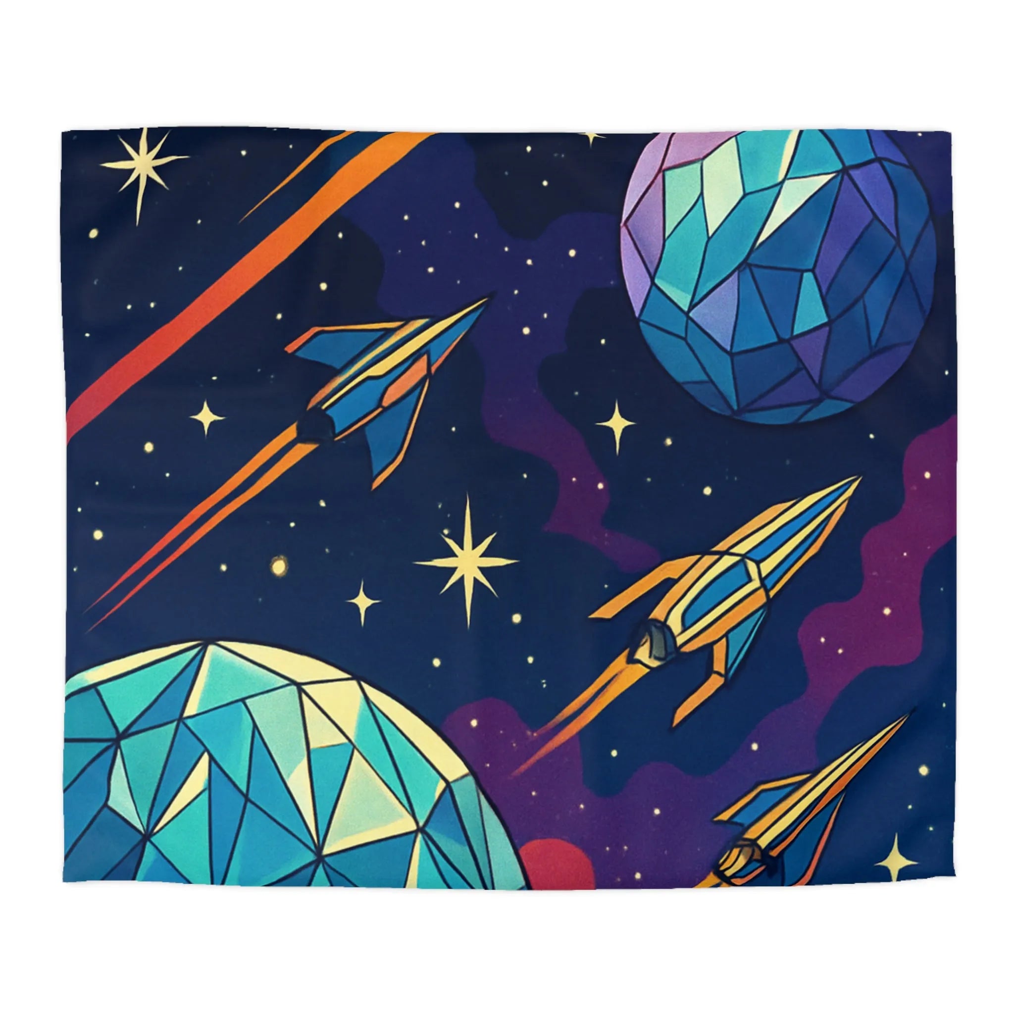 Housse de couette galactique colorée avec fusées et planètes polygonales pour décoration moderne