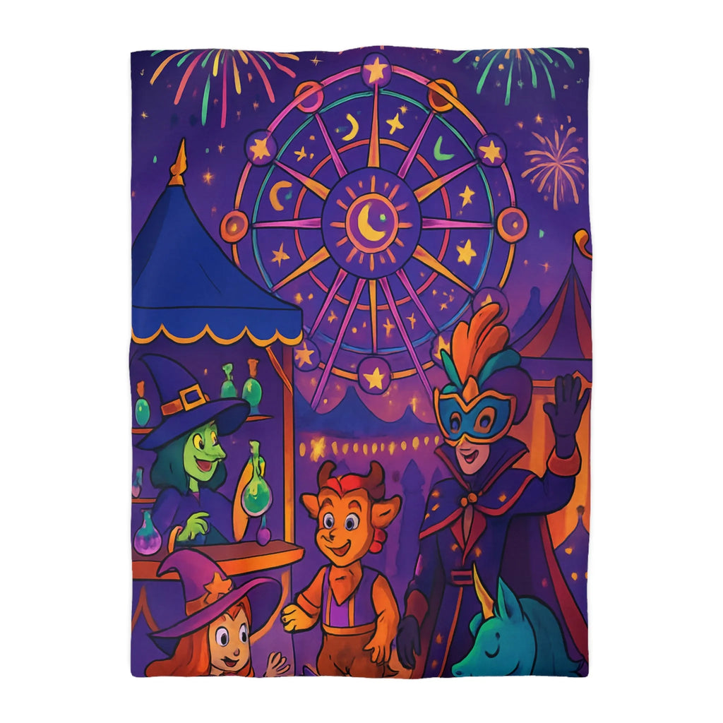 Housse de couette féerique magique avec feux d'artifice, masque et licorne bleue