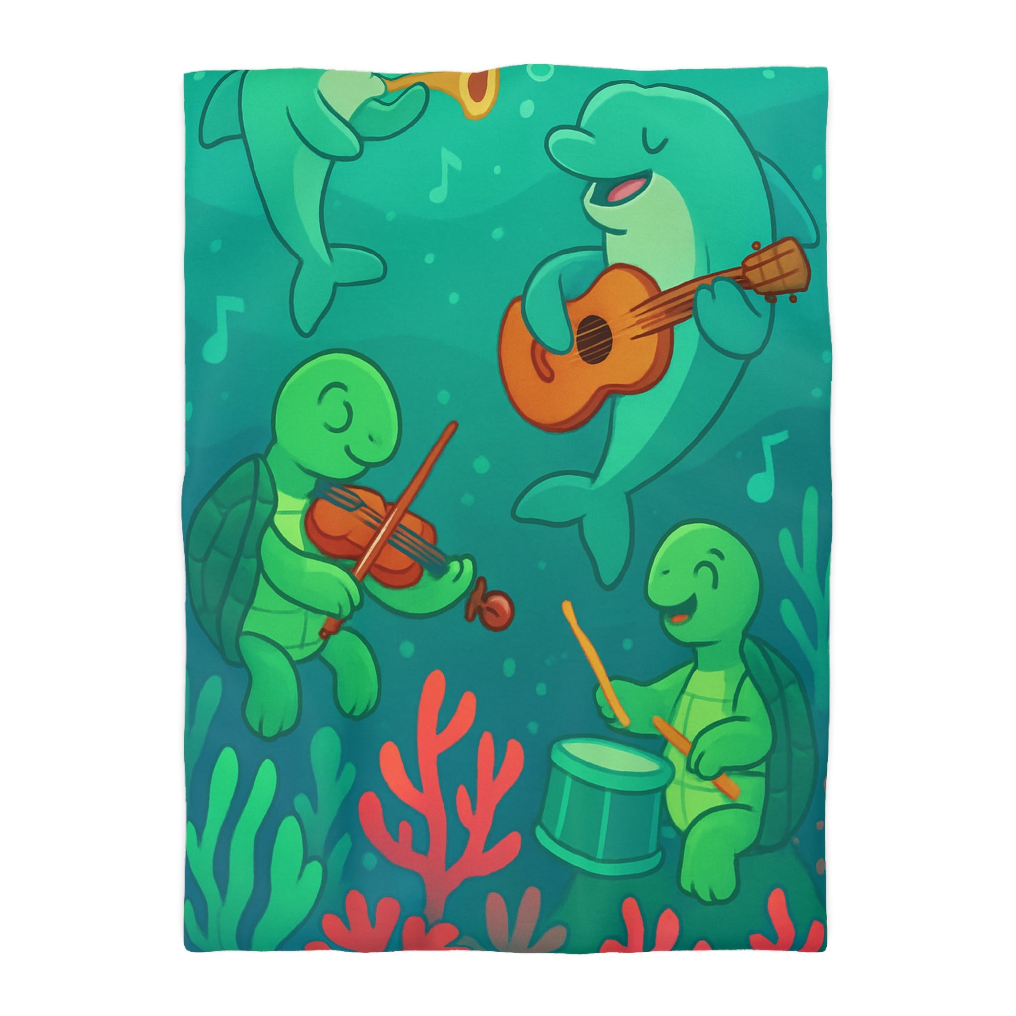 Housse de couette sous-marine avec dauphins et tortues jouant de la musique joyeuse
