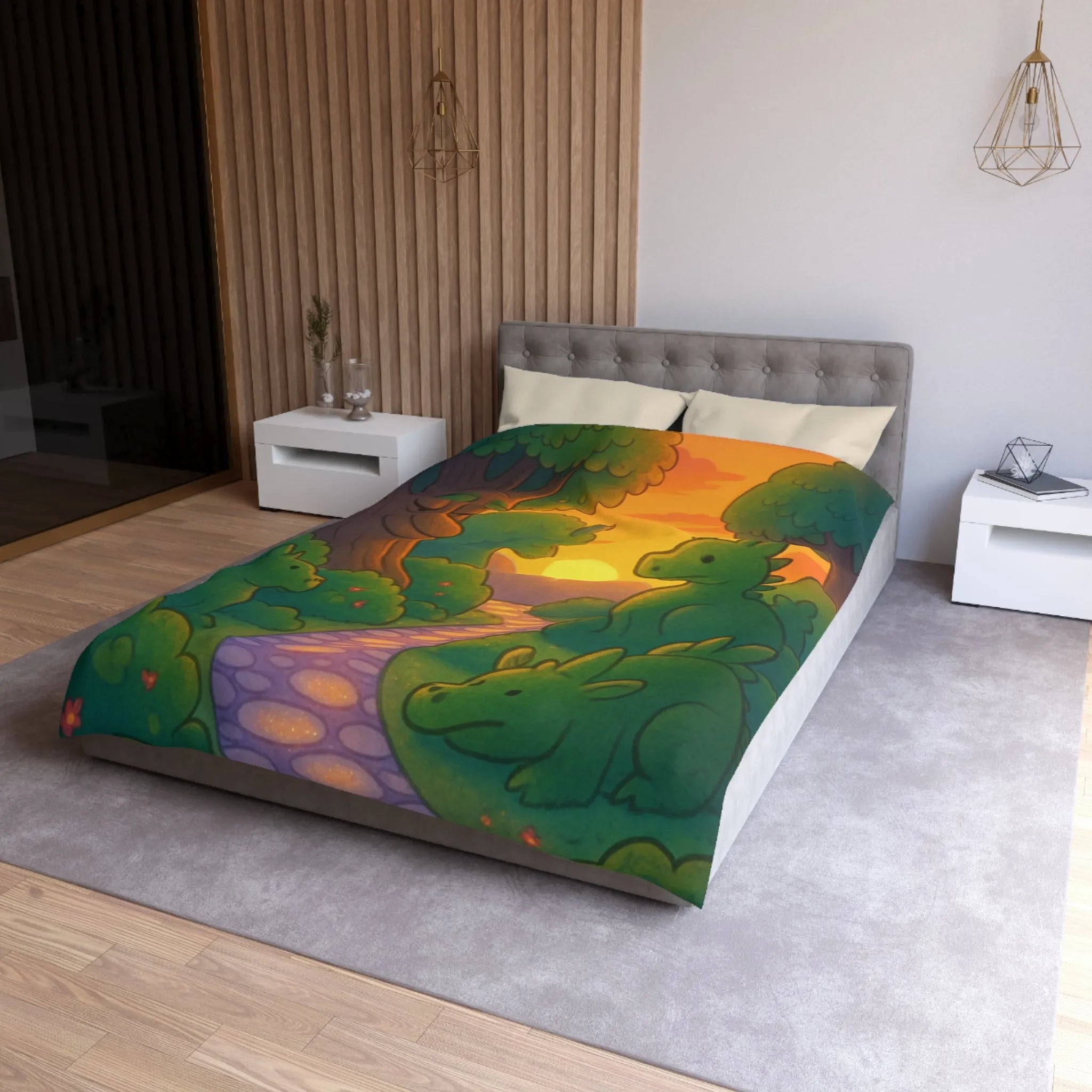 Housse de Couette Enchantée avec Dinosaure au Coucher du Soleil pour Chambre Enfant