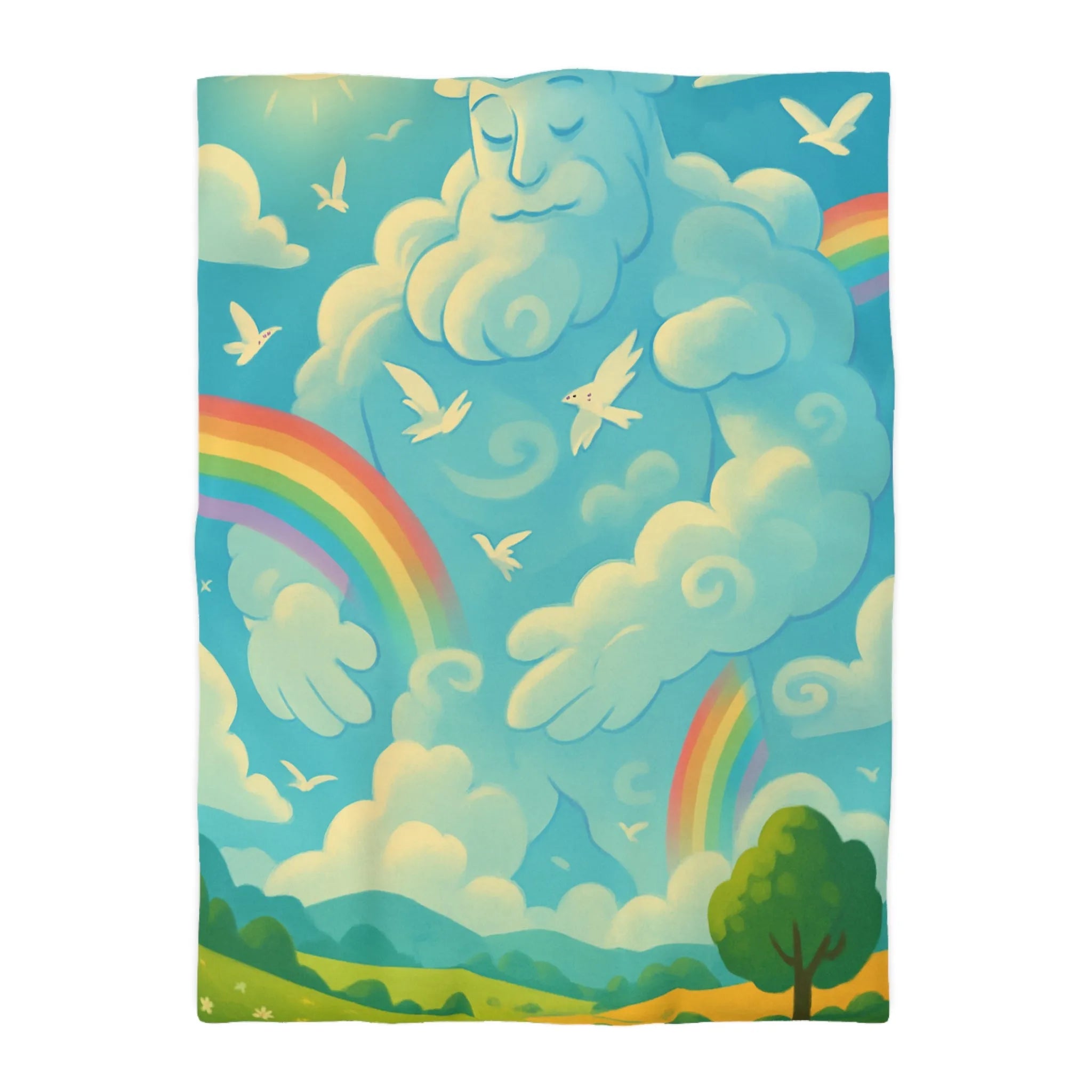 Housse de couette colorée nuageux avec ciel ensoleillé, arc-en-ciel et oiseaux blancs