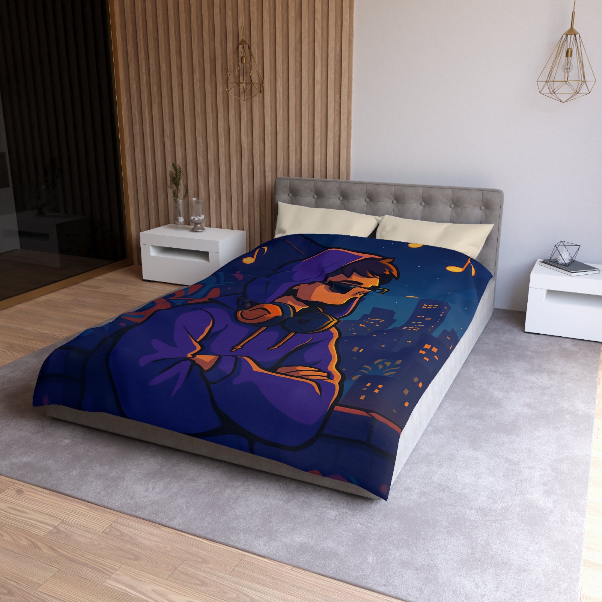 Housse de Couette Style Urbain avec Motifs Musique et Paysage Nocturne Animé