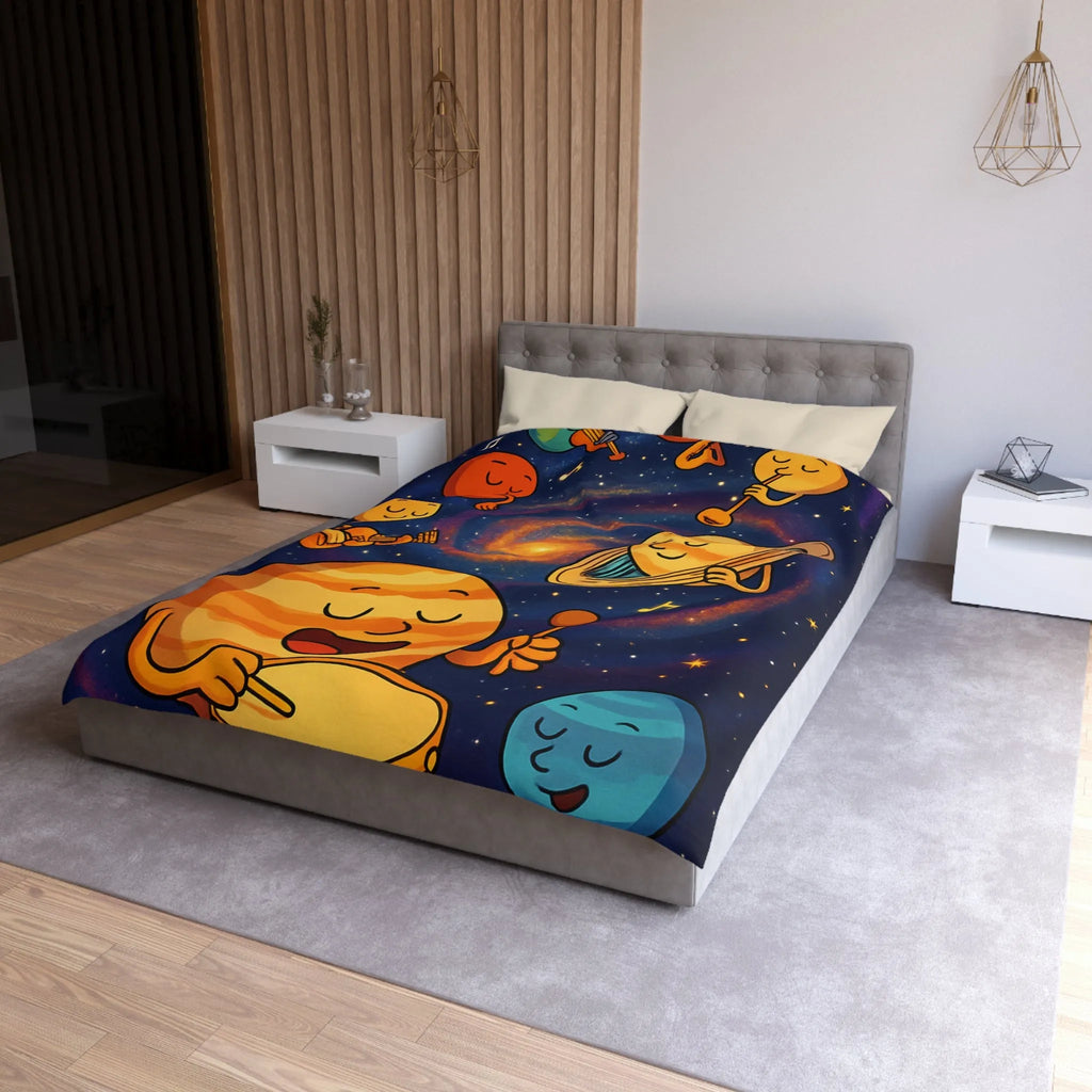 Ensemble joyeux de planètes musiciennes dans l'univers coloré pour housse de couette enfant