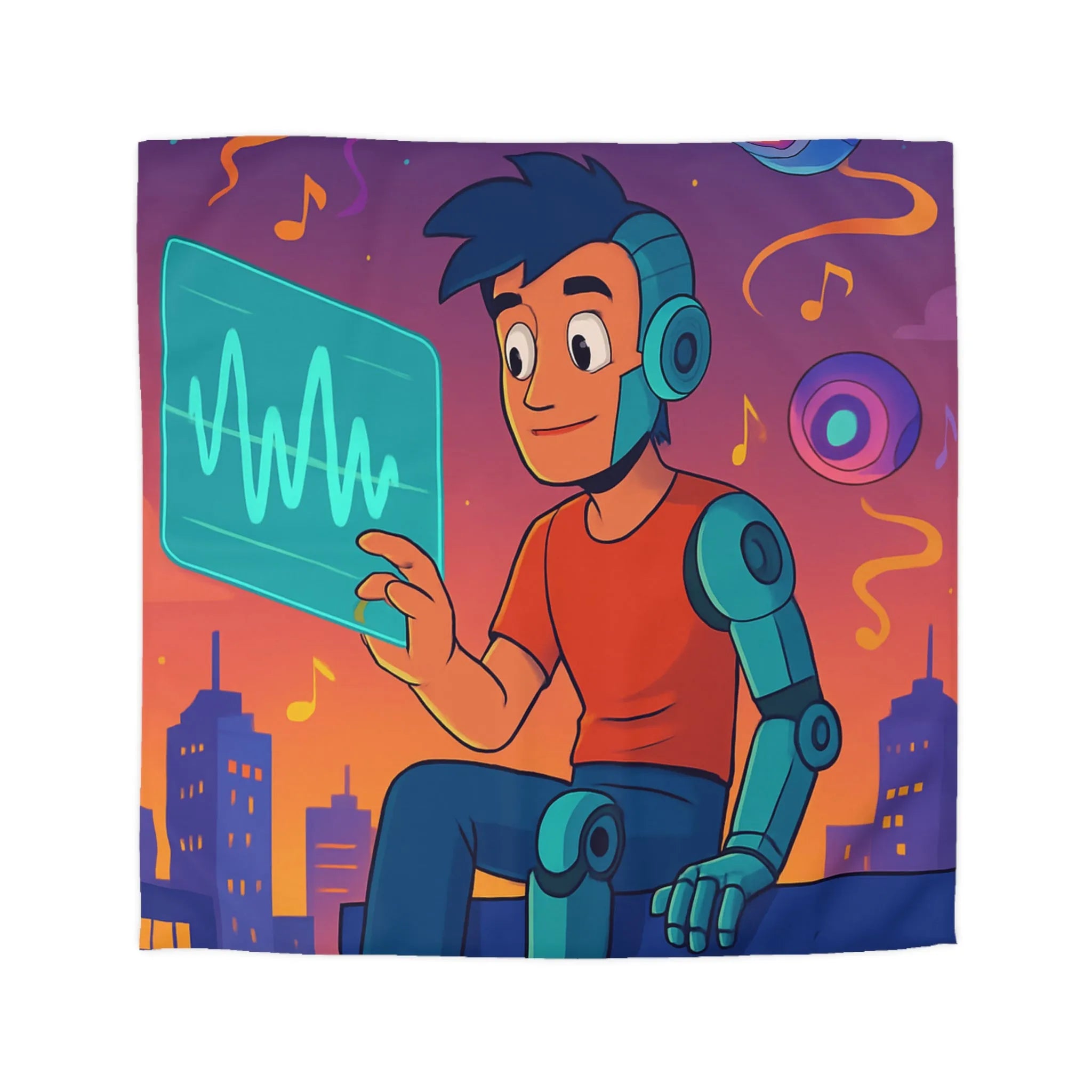 Housse de couette illustrée avec robot et skyline de nuit vibrante et colorée