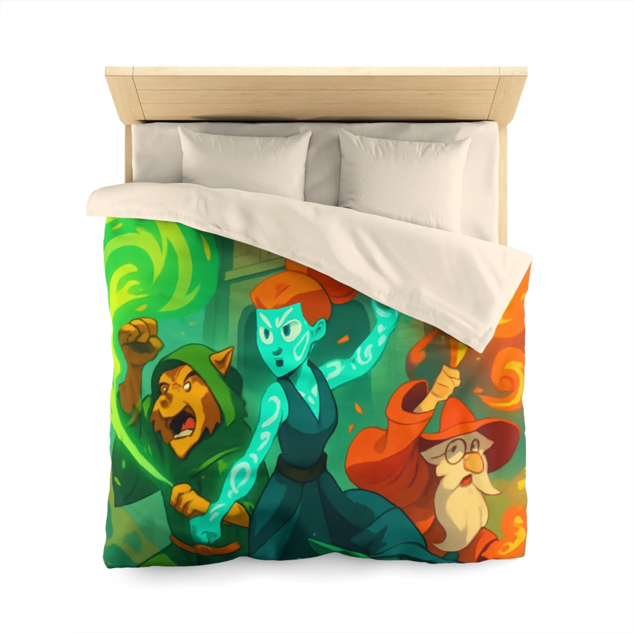 Housse de couette magique pour enfant avec personnages et château, ambiance féérique animée