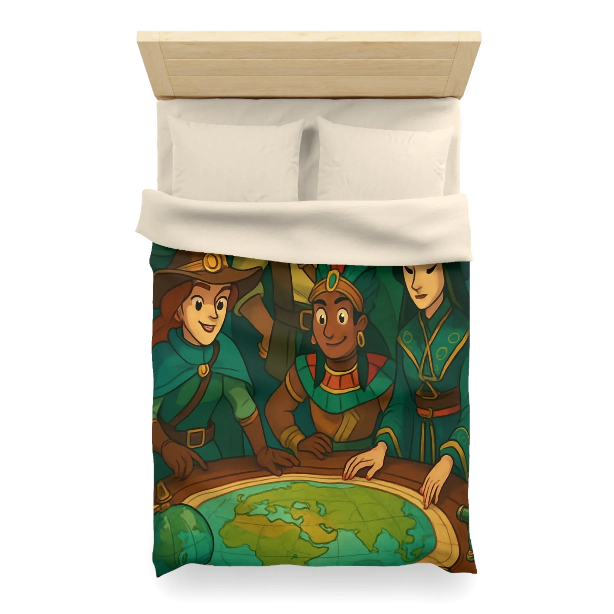 Housse de couette aventuriers explorateurs carte monde globe chapeaux costumes colorés ambiance ludique