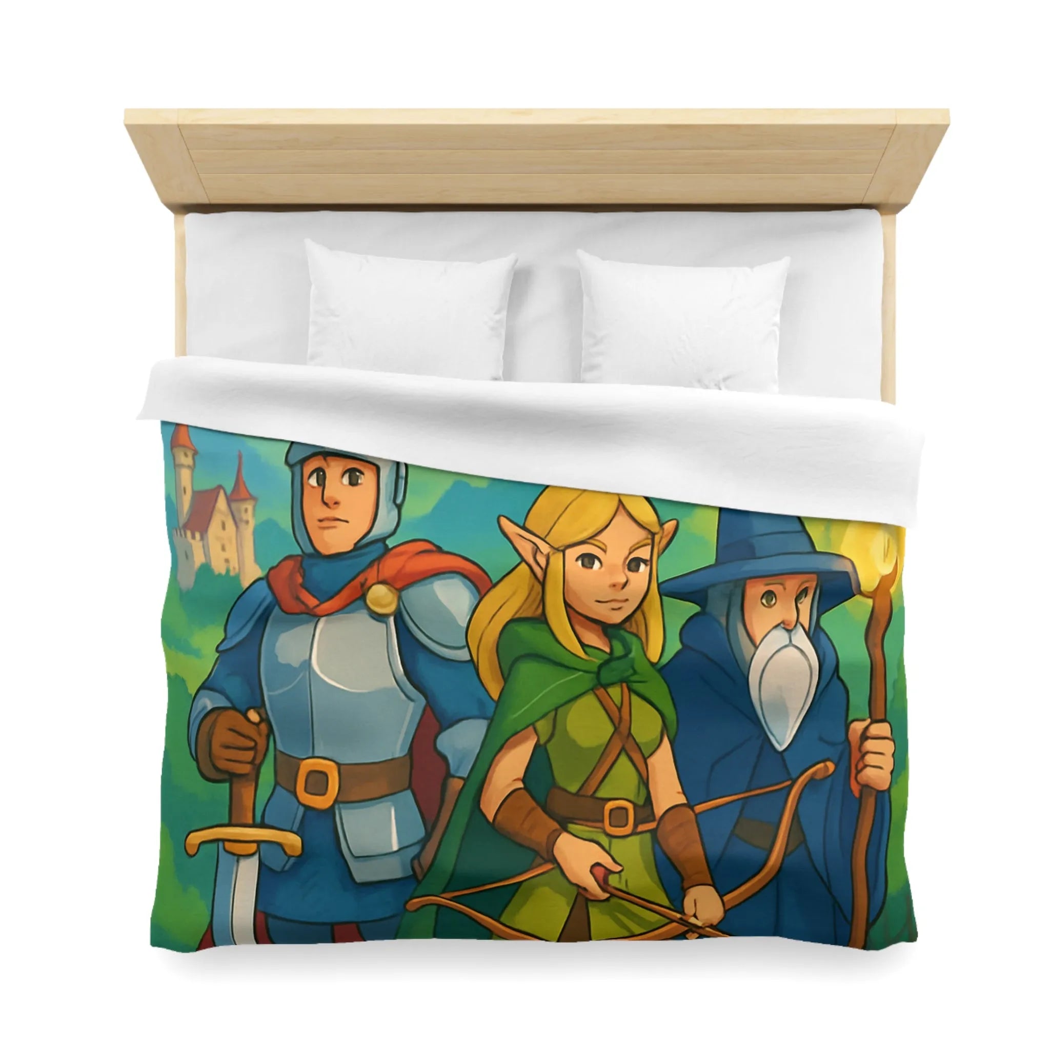 Housse de Couette Fantasy avec Chevalier, Archer Elf, Magicien, Château et Dragons