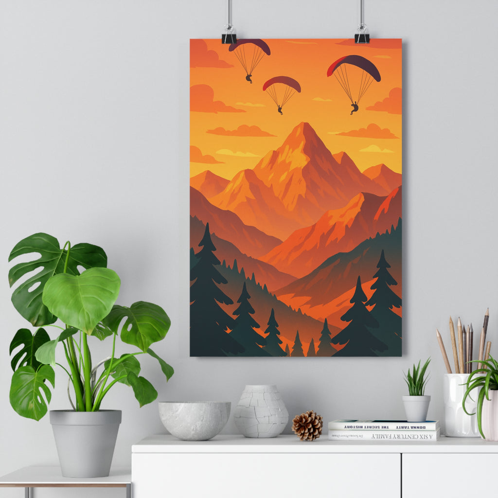 Poster décoratif cartoon orange montagne pyrénées aventure salon bureau apaisant contemplatif 30x46 ambiance qualité
