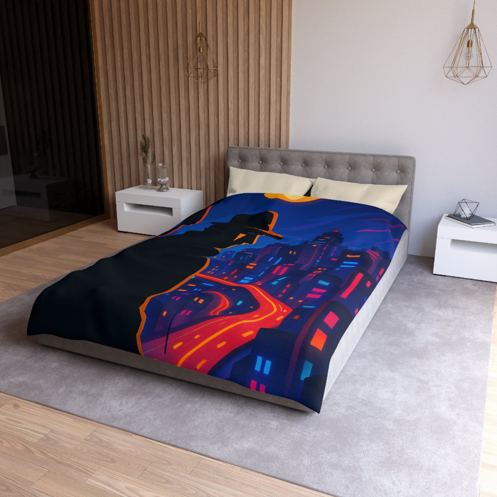 Housse de couette rétro mystérieuse avec silhouette urbaine nocturne et routes lumineuses