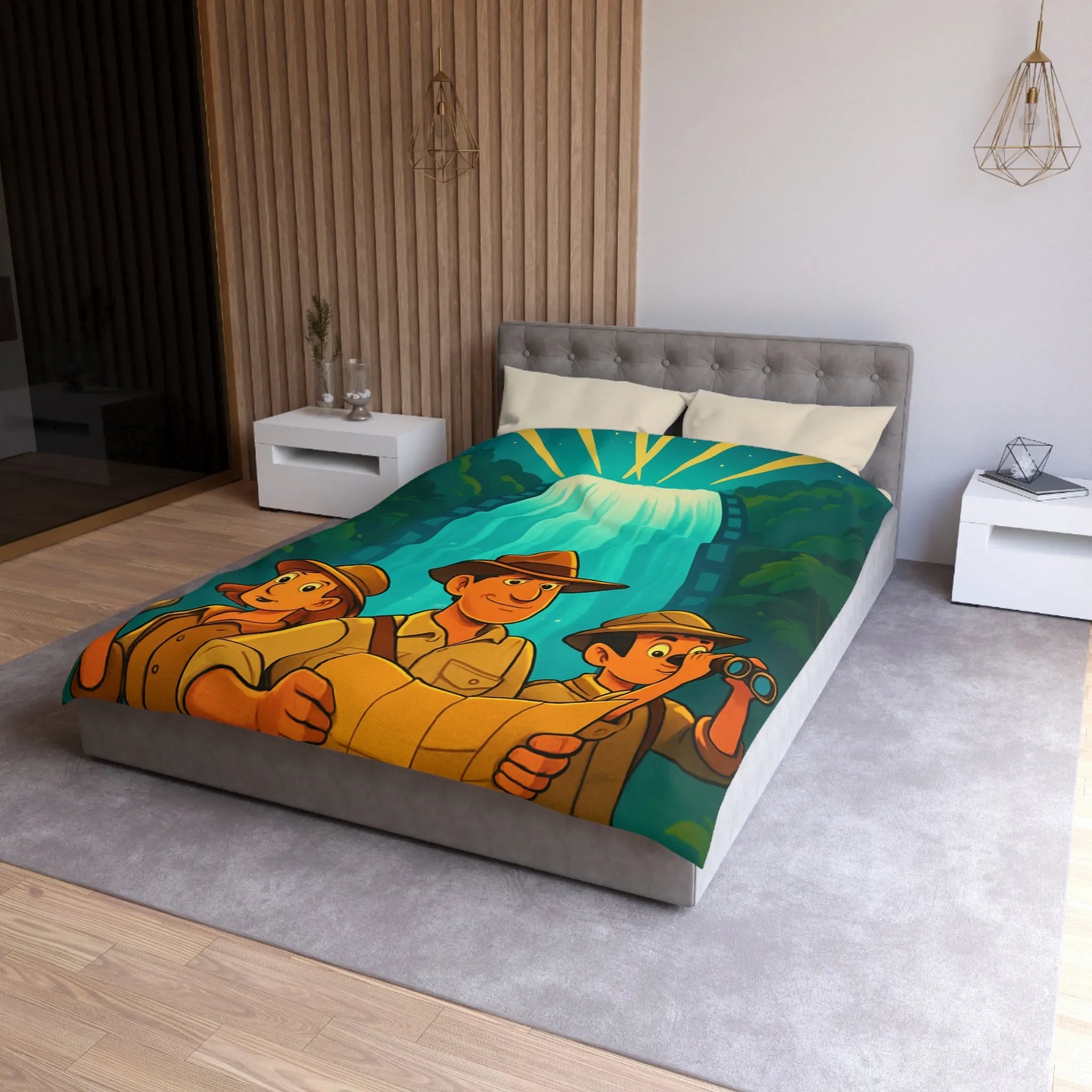 Housse de Couette Aventure Jungle Cascade Éclatante Exploration Famille Style Dessin Dessiné