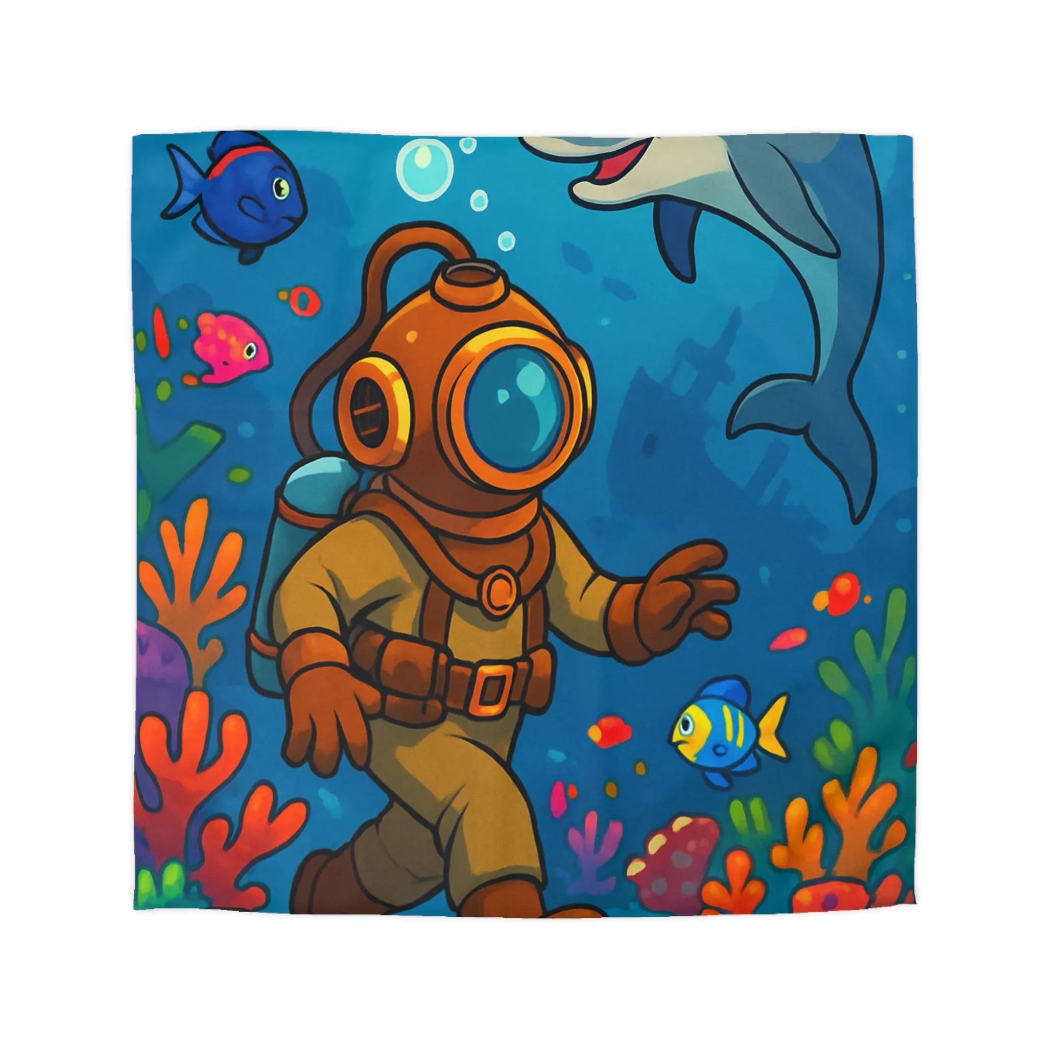 Housse de couette avec plongeur et dauphin, coraux colorés, poissons tropicaux sous l'océan