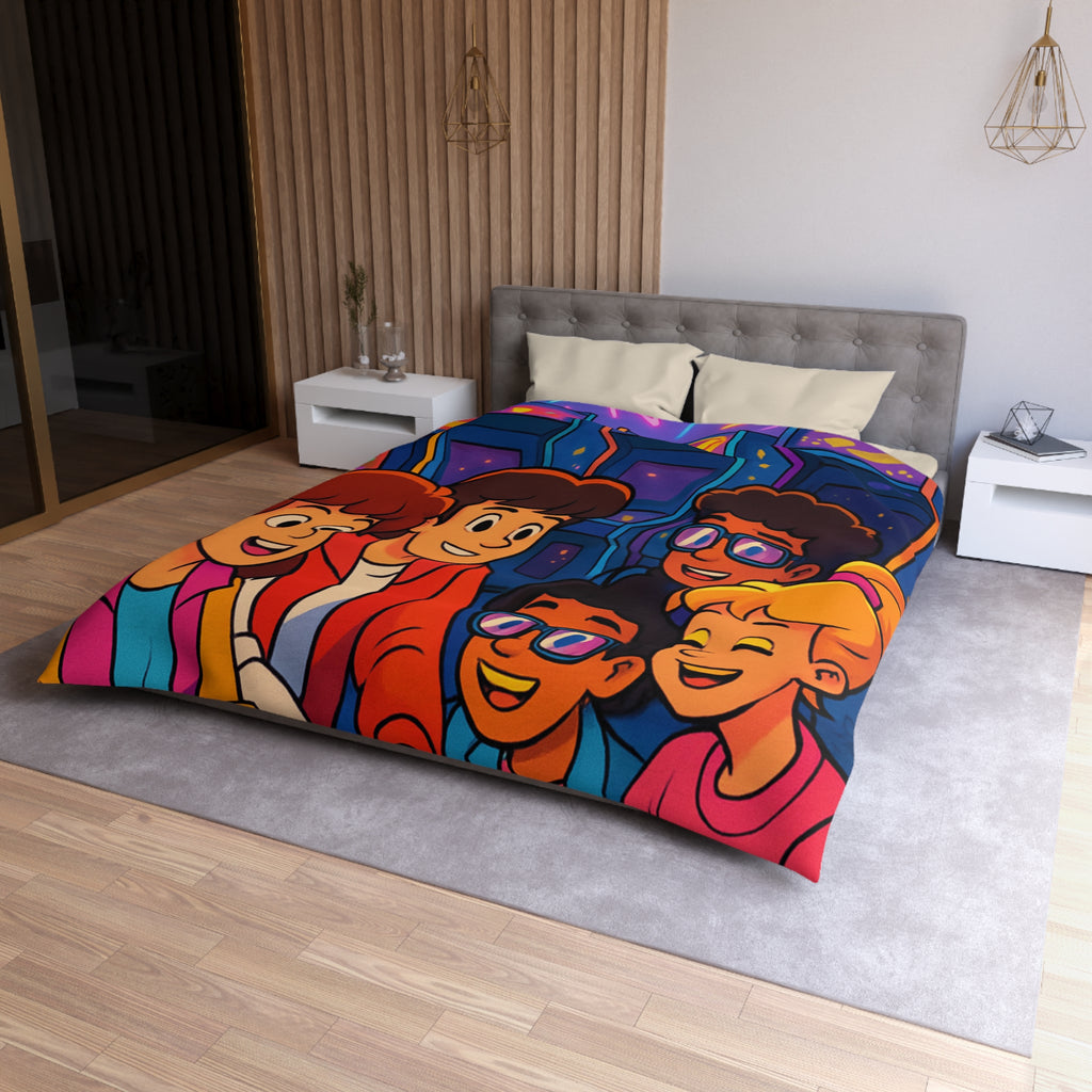 Housse de couette vibrante années 80 avec motifs arcades et ambiance rétro lumineuse