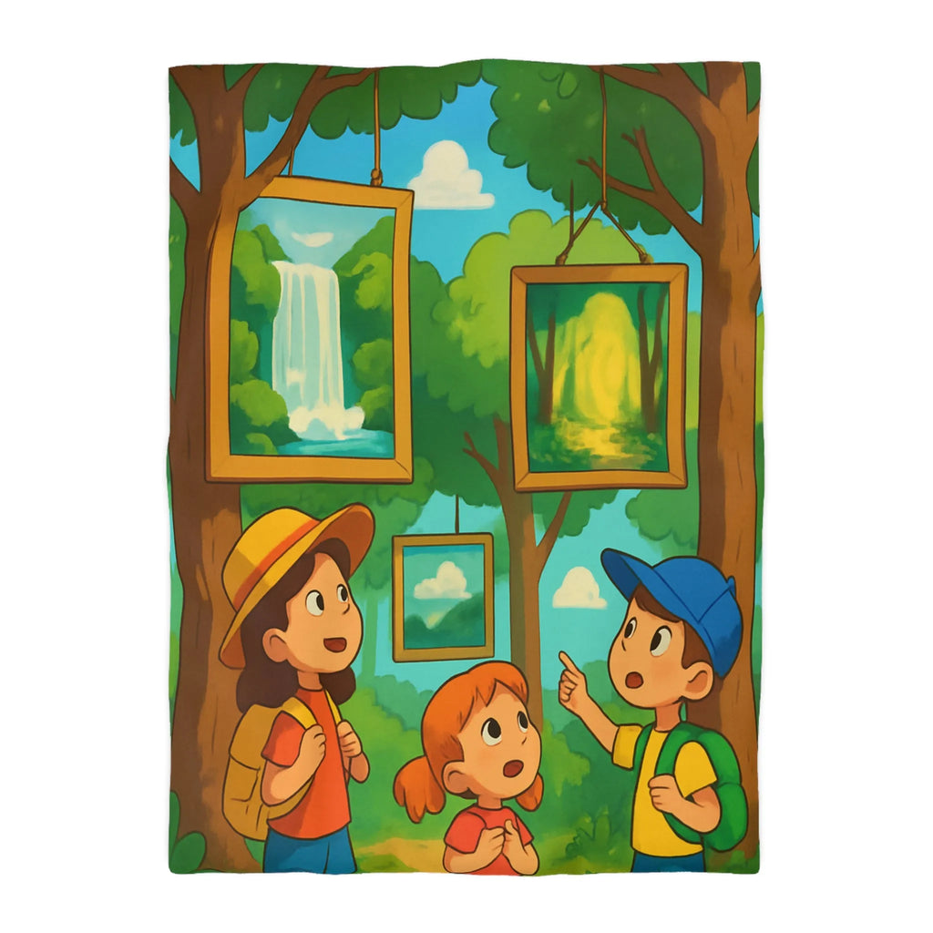 Housse de couette enfantine avec scène de forêt, cascades et exploration nature féérique