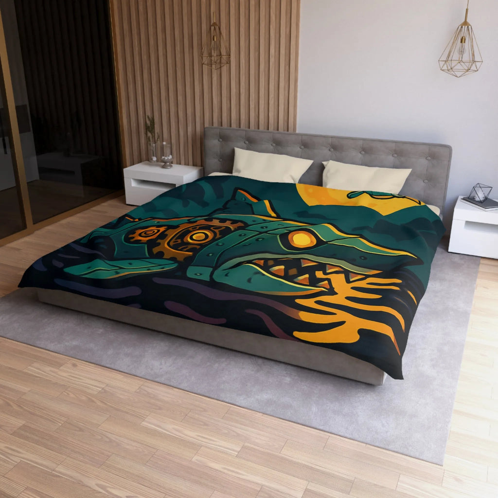 Housse de couette colorée avec requin mécanique sous lune dorée et oiseaux stylisés