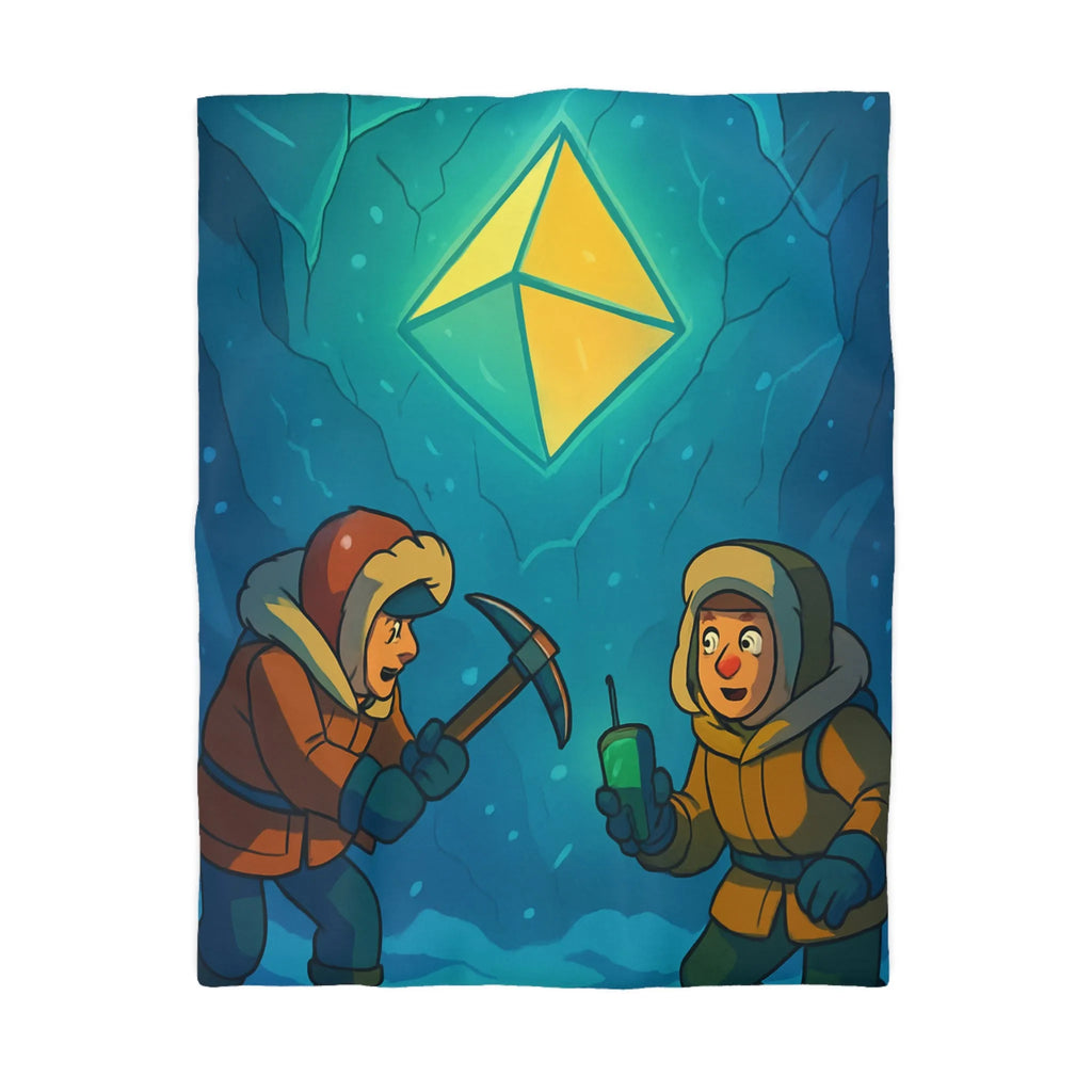 Explorez l'aventure polaire avec personnages découvrant joyau lumineux dans grotte mystérieuse