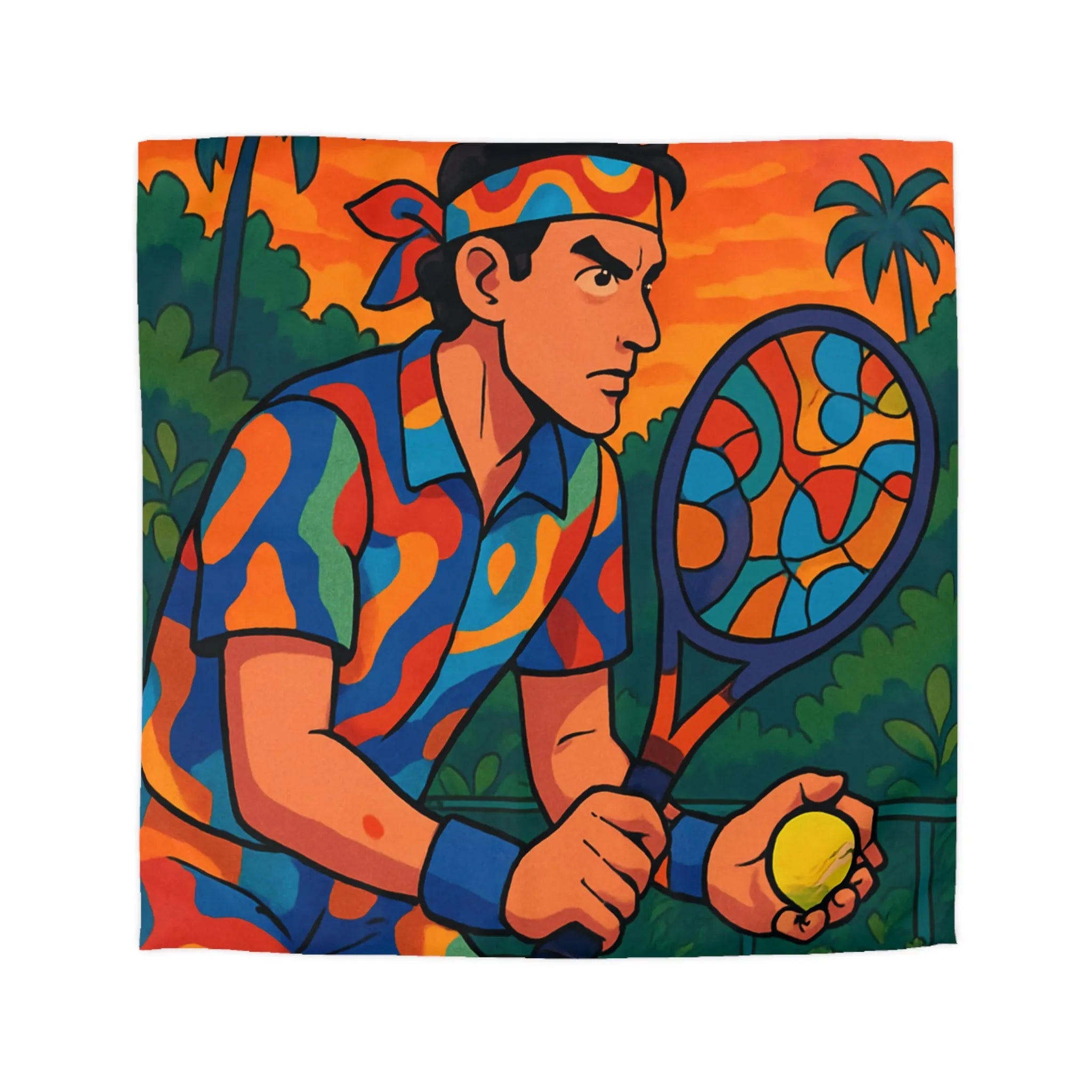 Housse de Couette Colorée Tennis Design Vibrant avec Joueur en Action et Palmiers