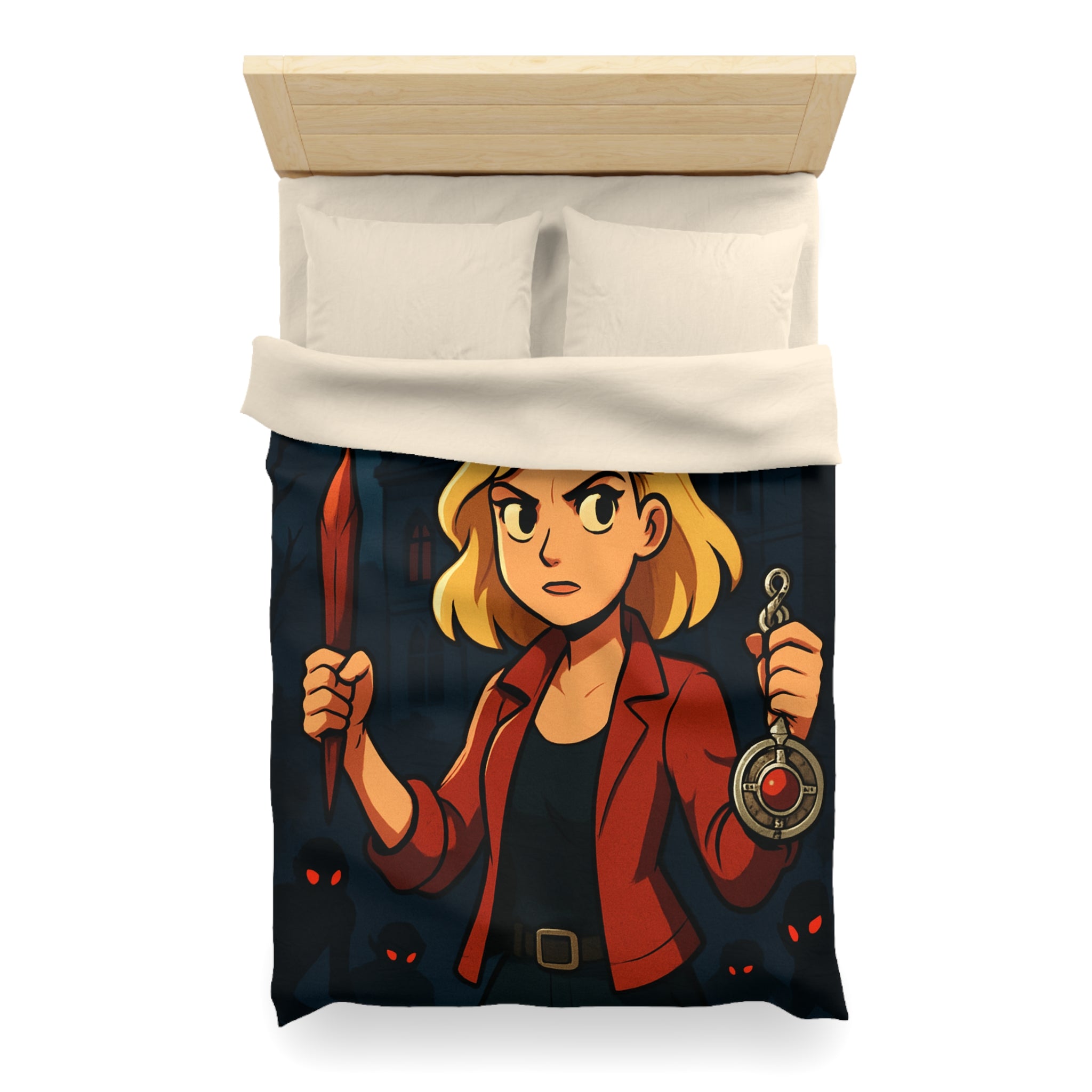 Housse de couette mystérieuse avec scène de château effrayant, pleine lune et silhouette combattive