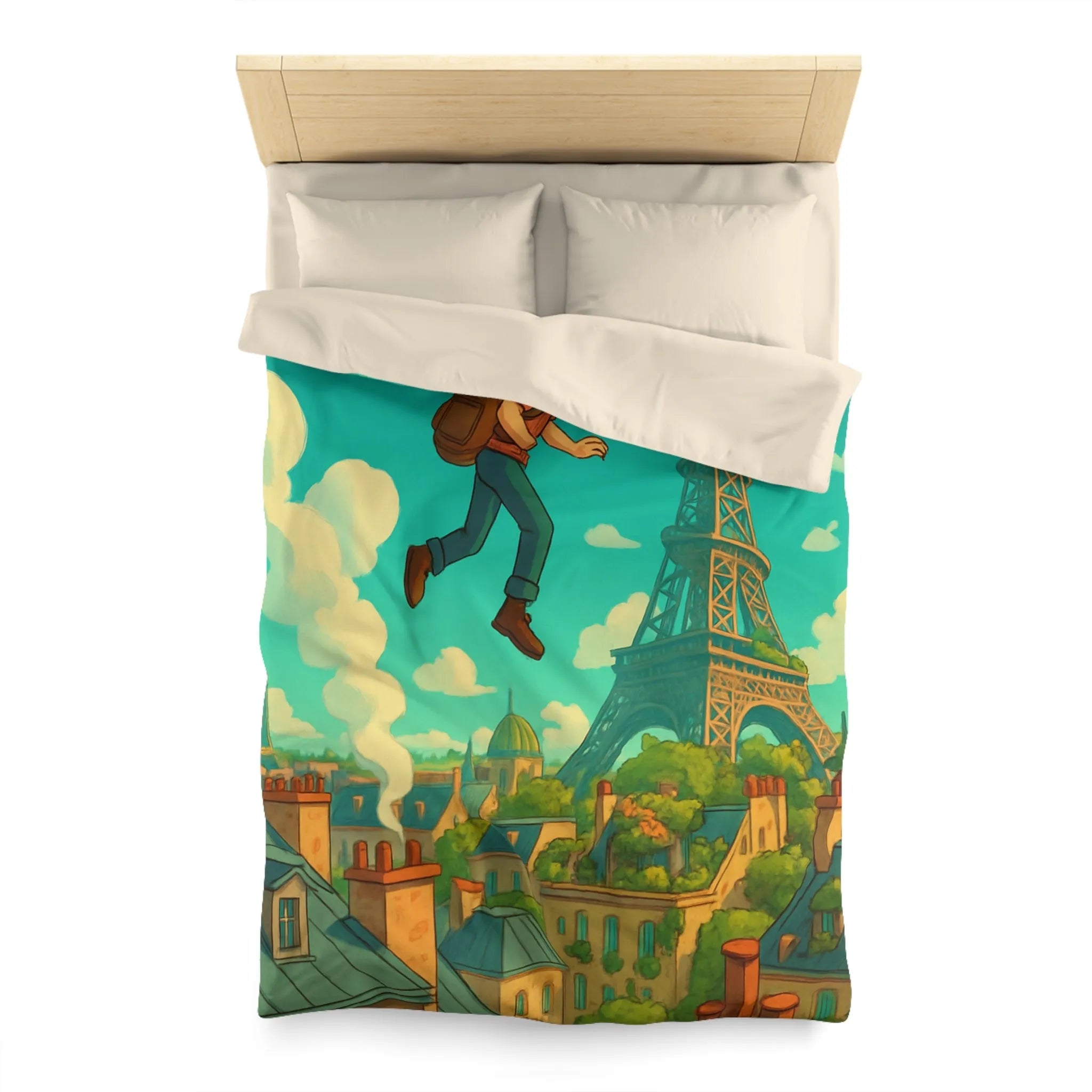 Enchanted Parisian Flight: Kid Floating Above Cityscape with Umbrella and Backpack