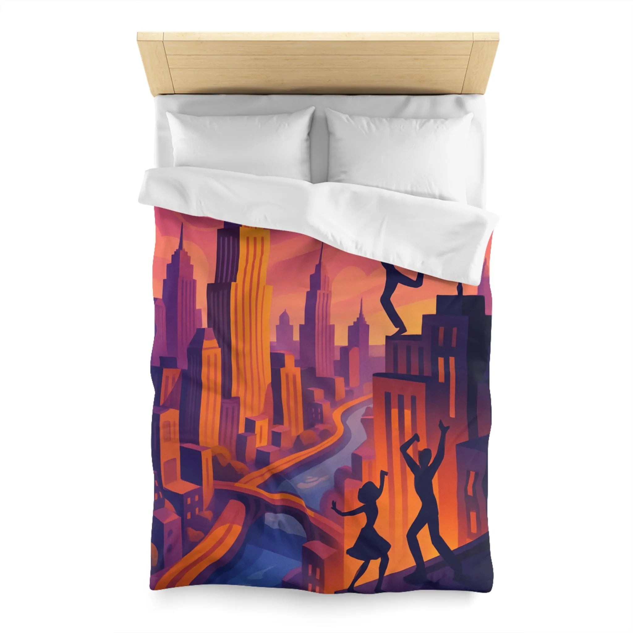 Housse de Couette avec Danseurs et Ville au Coucher de Soleil, Tonalités Vibrantes