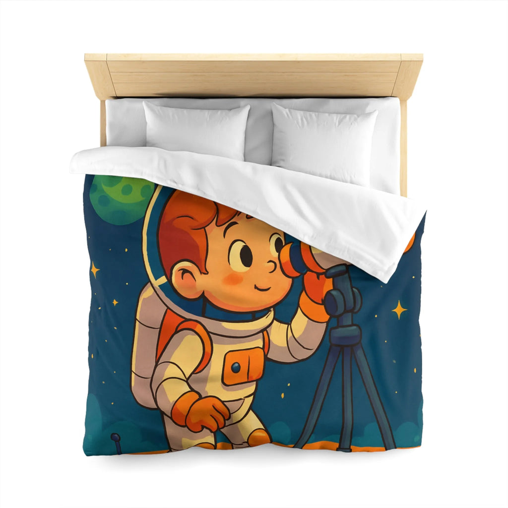 Housse couette enfant astronaute explorant planètes avec télescope carte étoilée