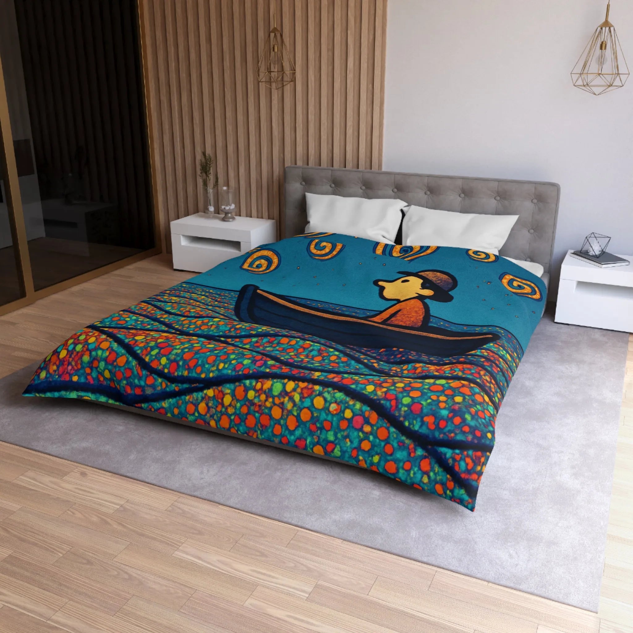 Housse de couette artistique avec motifs oniriques de mer et ciel étoilé