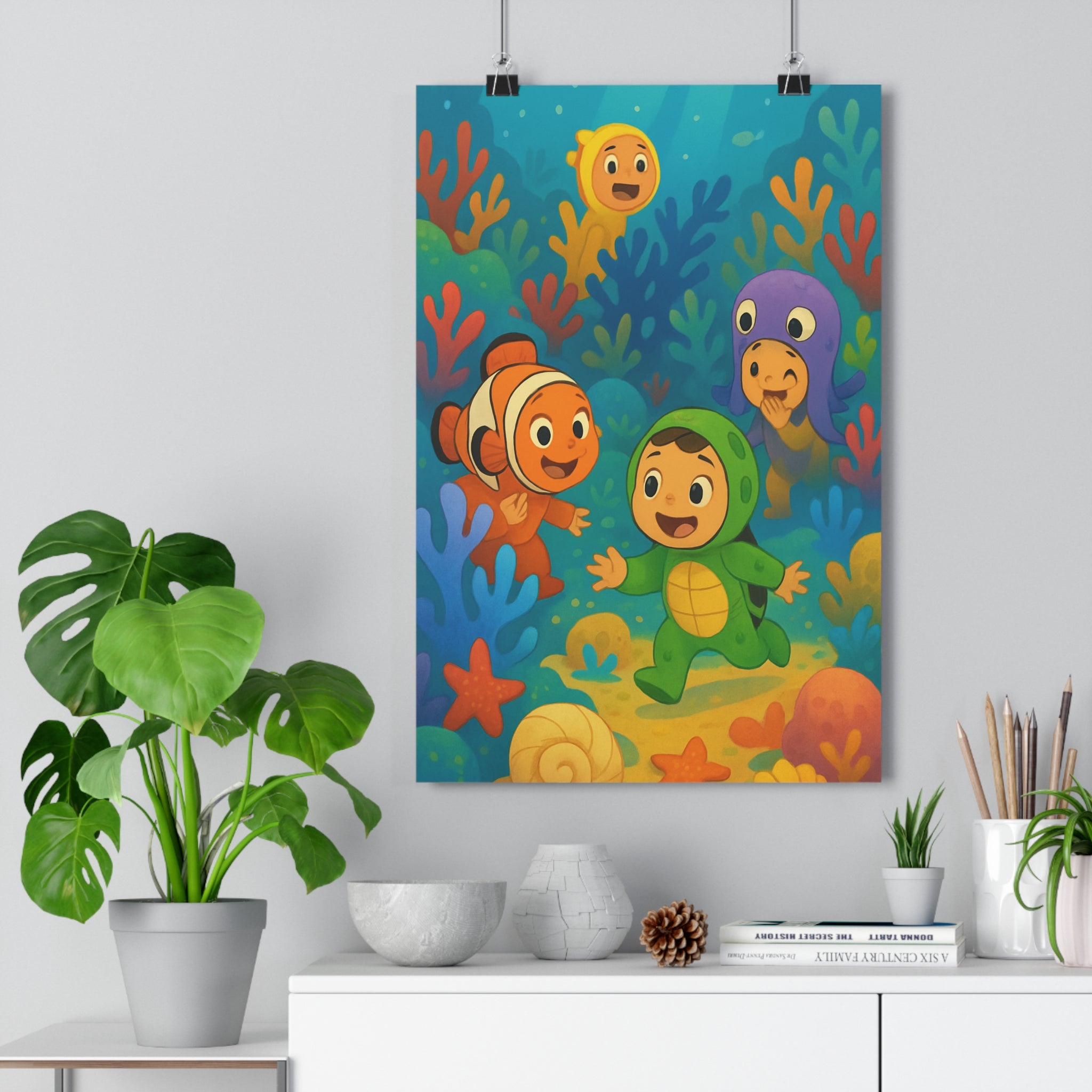 Poster décoratif enfantin coloré joyeux océanique bleu rouge vert corail chambre ludique amusant vibrant