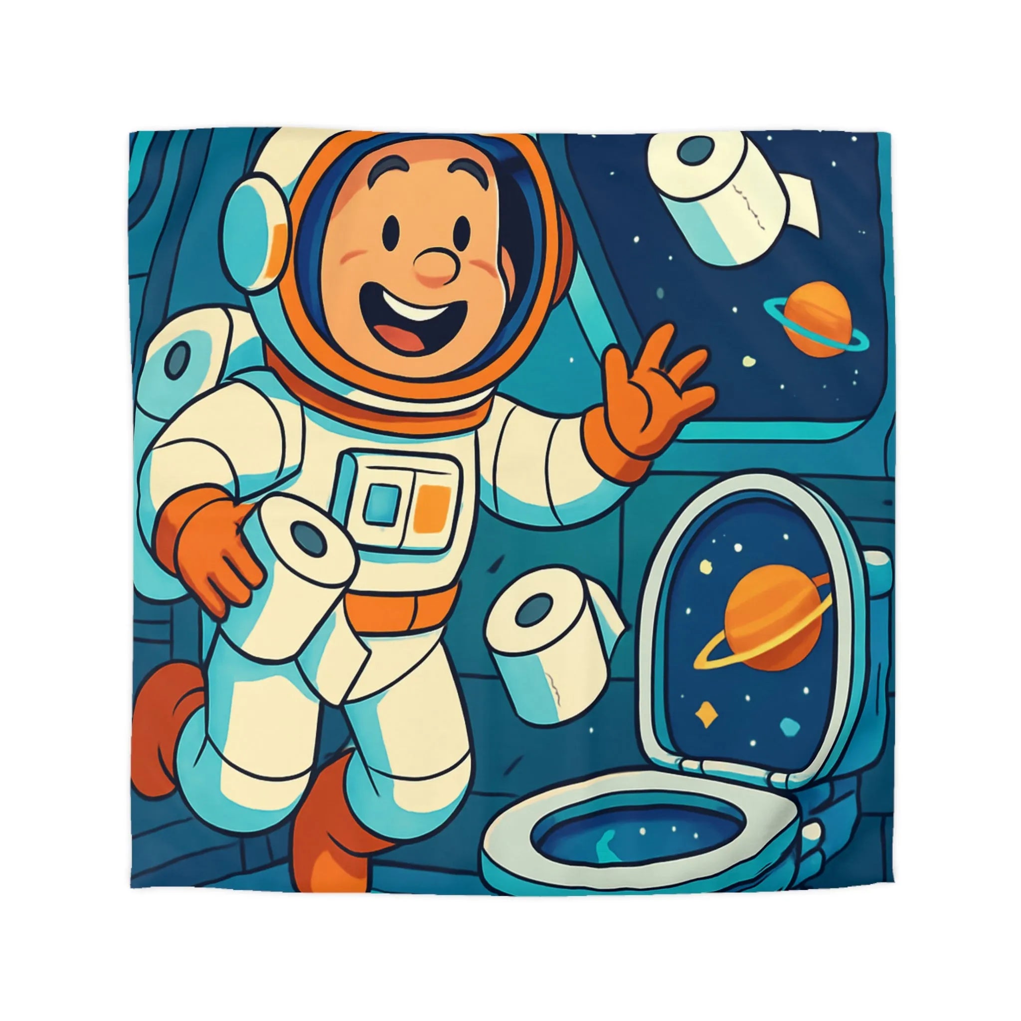 Housse de couette avec astronaute joyeux en cabine spatiale avec rouleaux flottants